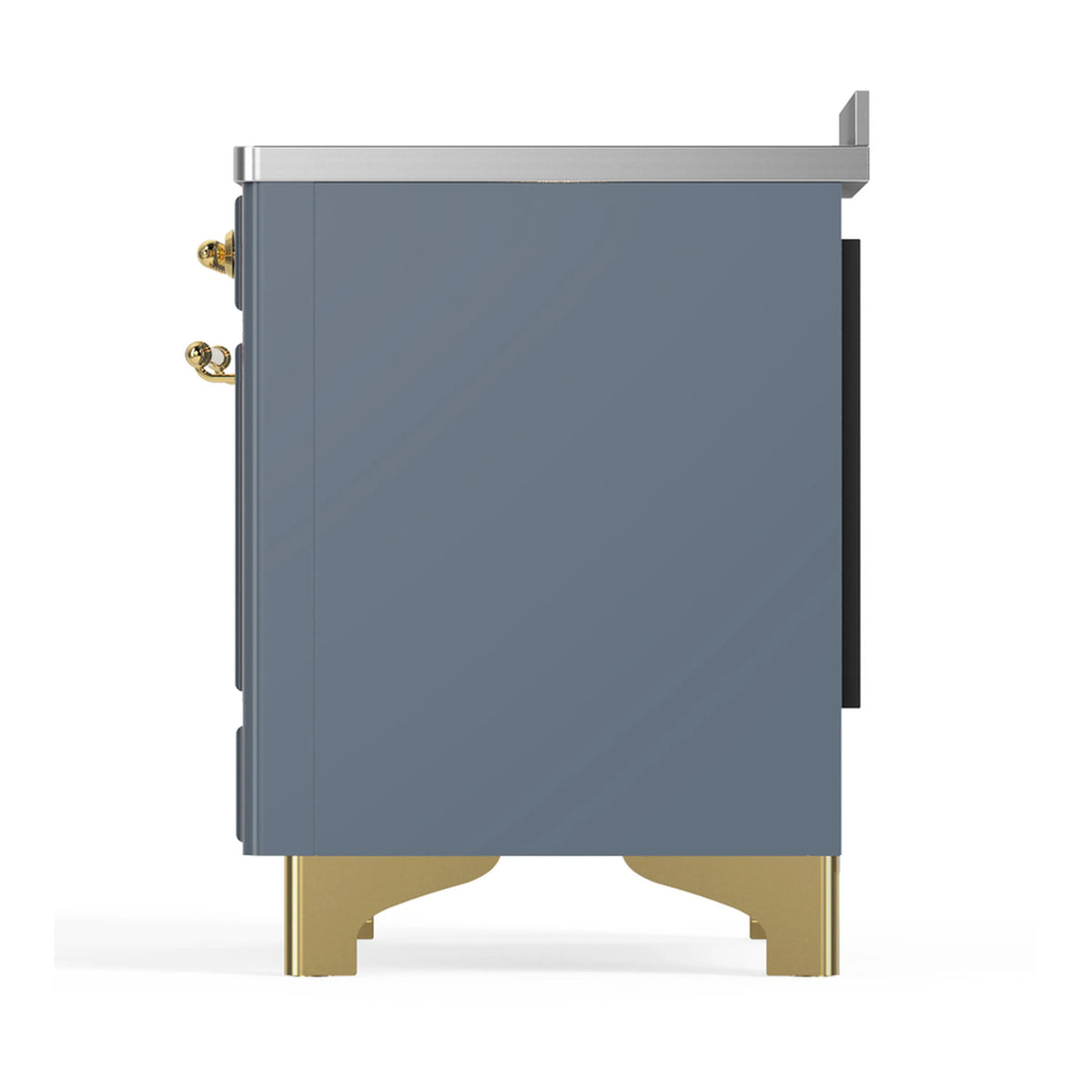 Induction range back side view with blue grey panel and brass trim accents