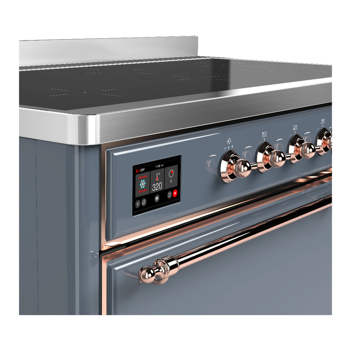 Blue grey induction range control panel with digital display and copper-finish knobs
