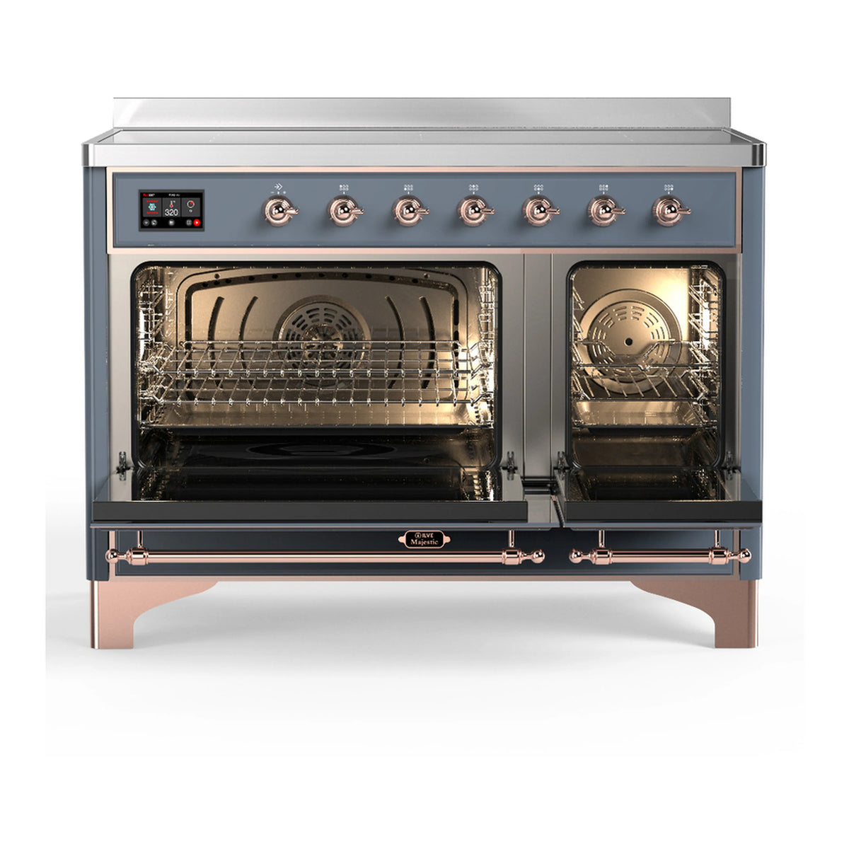 Blue grey induction range with dual oven doors open, showing wire racks inside