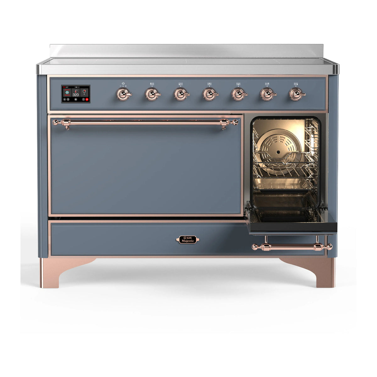 Blue grey induction range with one oven door open, interior light and racks visible