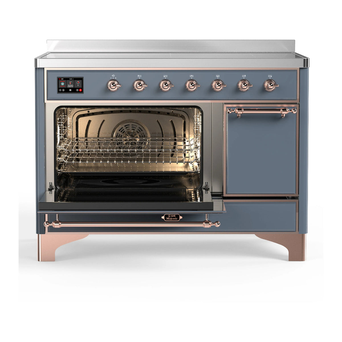 Blue grey induction range with main oven open and secondary door open, racks inside