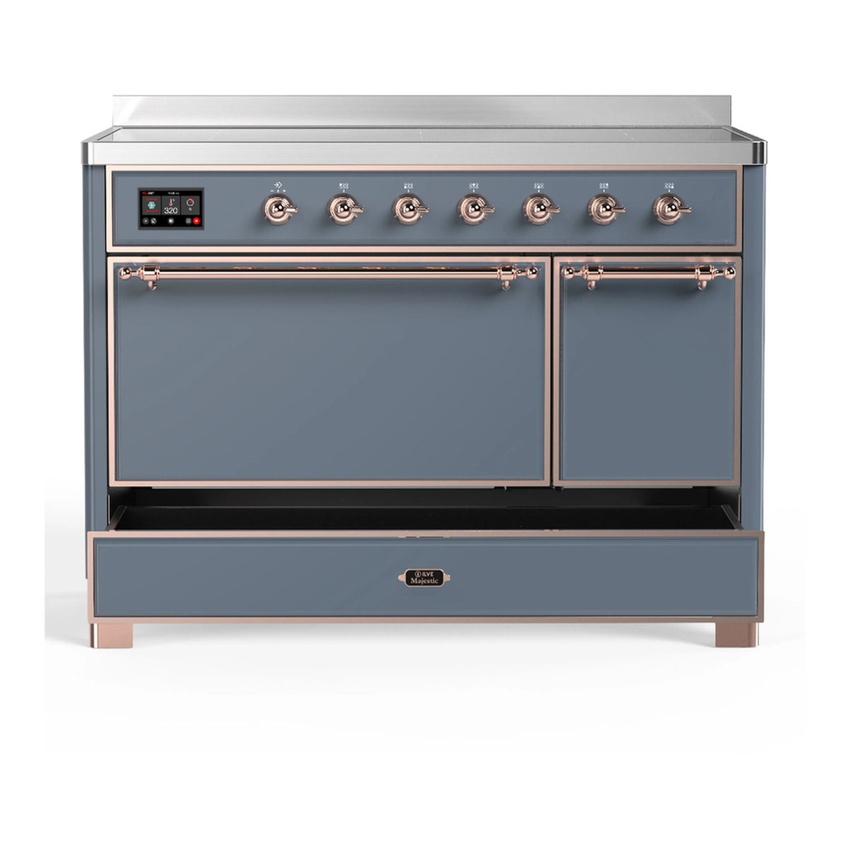 Blue grey induction range with copper trim and six burner knobs; both oven doors closed