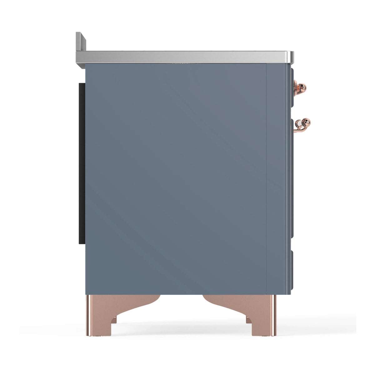 Blue grey side panel of induction range with copper-finish corner trim and legs
