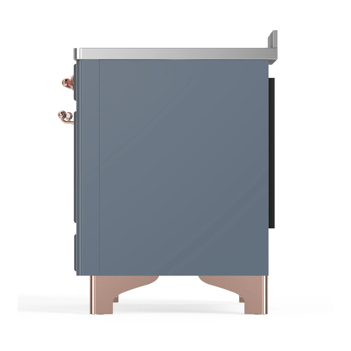 Blue grey rear side of induction range with copper trim and control knobs edge