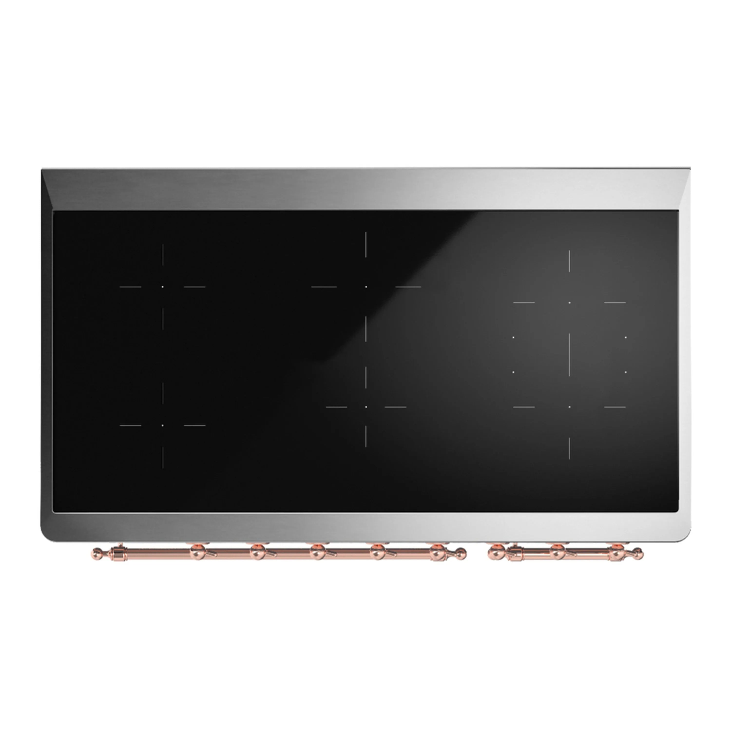 Black glass induction cooktop with copper trim and row of control knobs