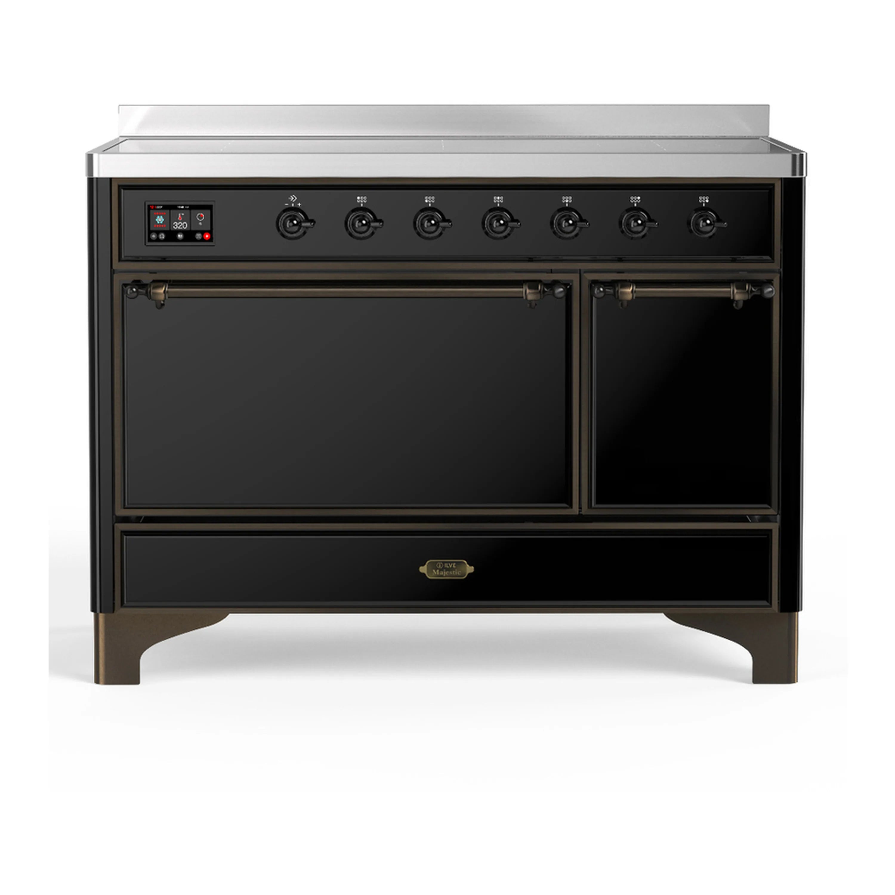 Glossy black induction range with double oven doors and front control panel