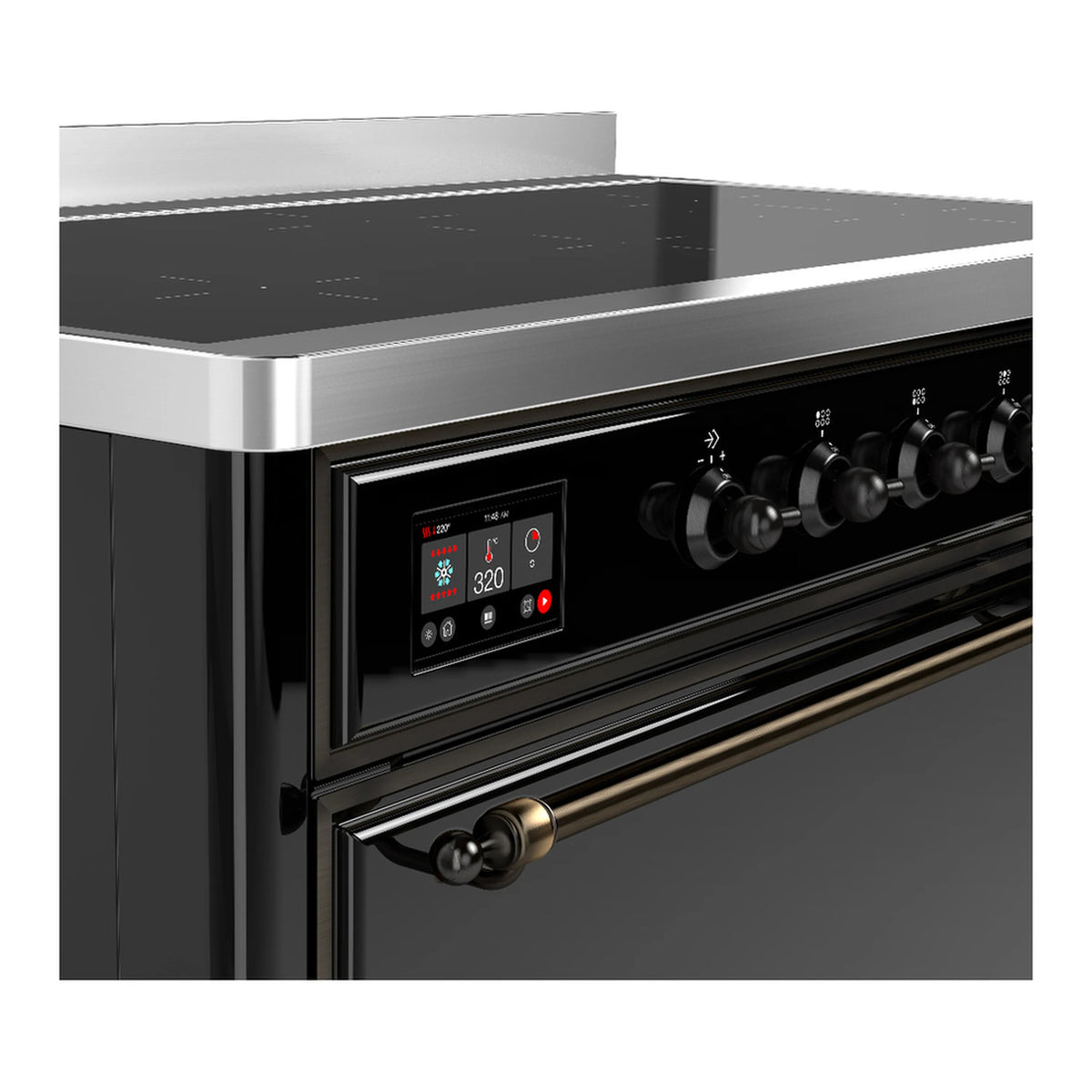 Induction range control panel with illuminated display and six black knob controls