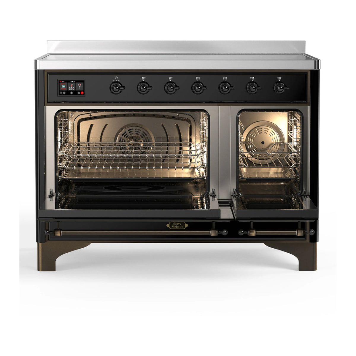 Black induction range with both oven doors open showing racks and interior light