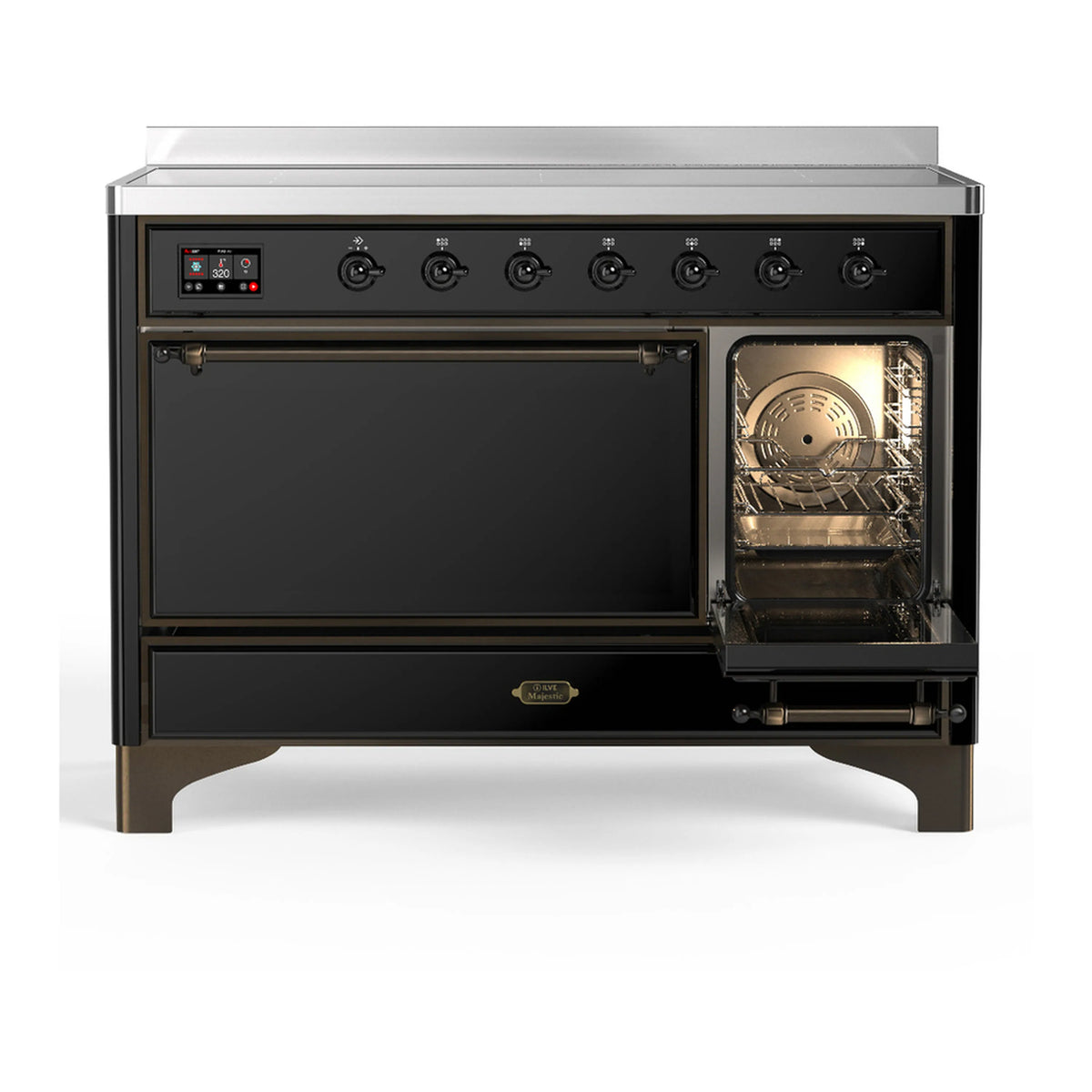Black induction range with right oven door open and warm oven interior light