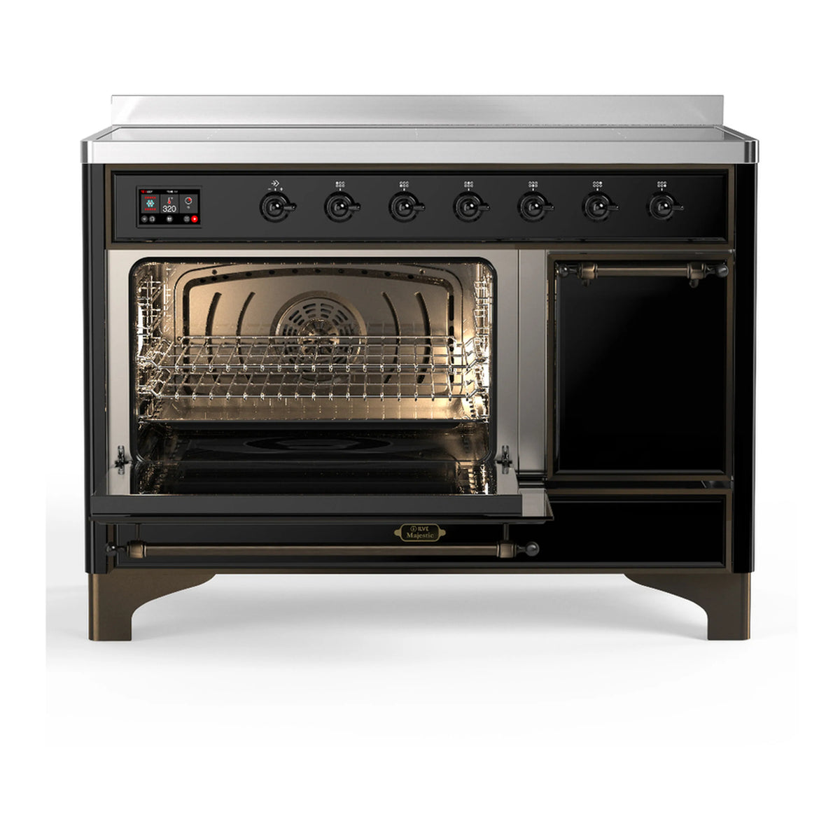 Black induction range with oven compartments open showing wire racks inside