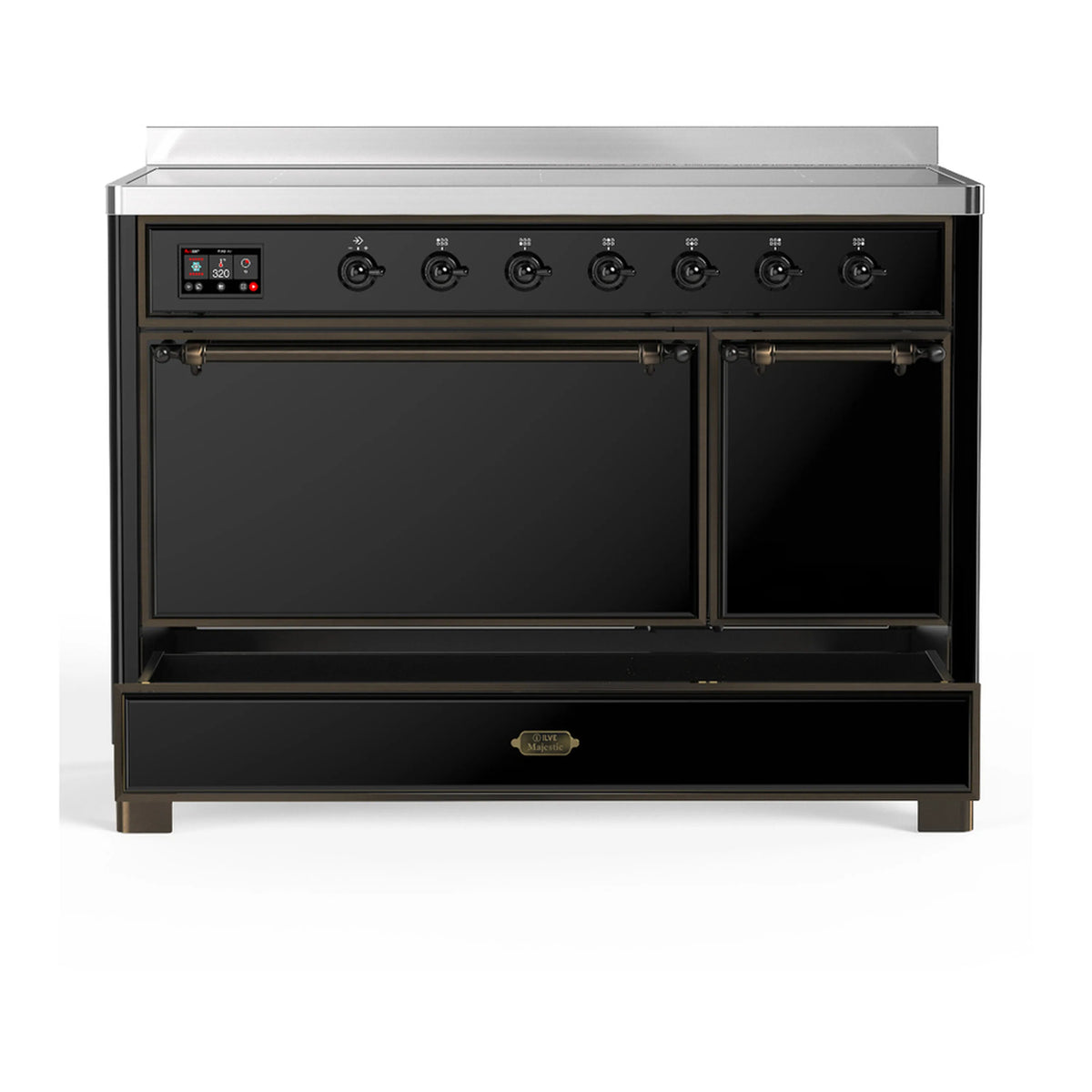 Glossy black induction range with double oven doors and recessed front handle