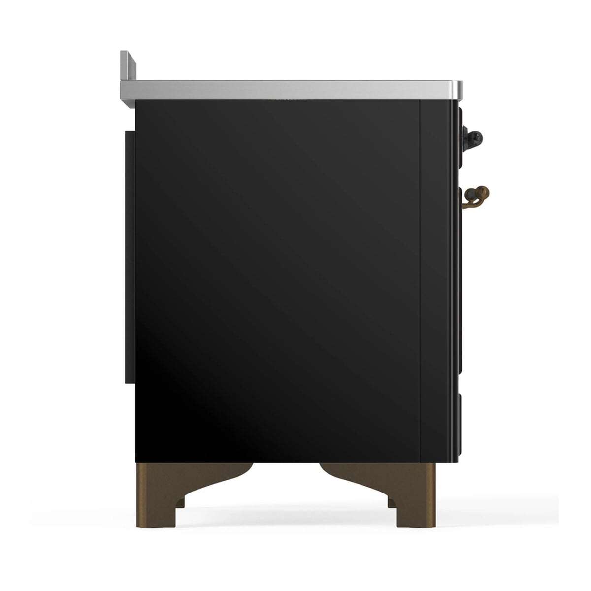 Black induction range side view with brushed metal trim and gold-tone feet