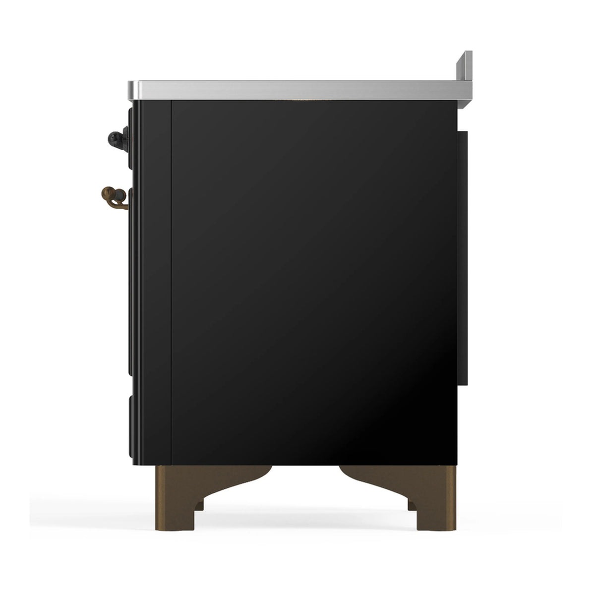 Black induction range side profile with exterior hinges and metal top trim