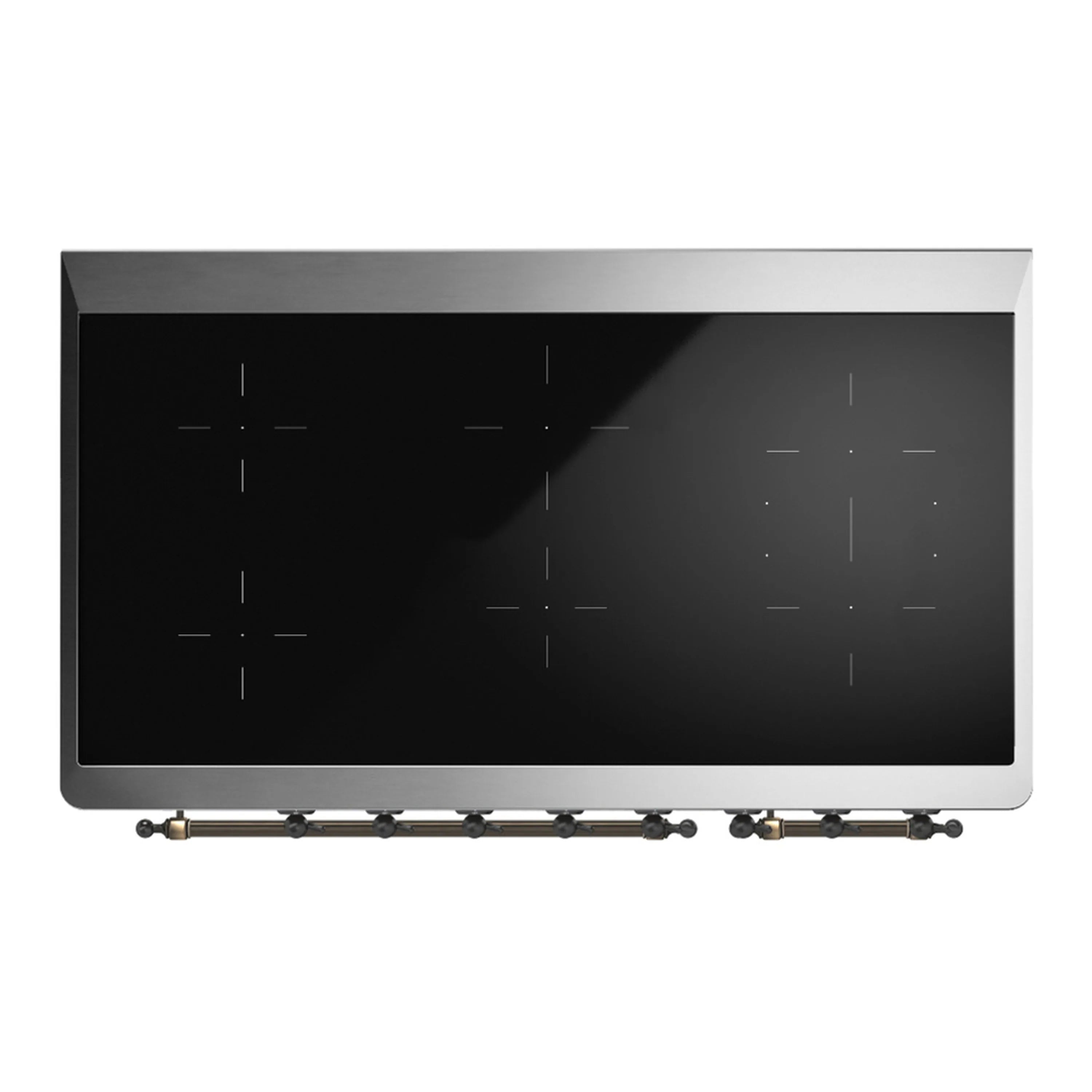 Induction range cooktop underside with burner ports and metal back edge
