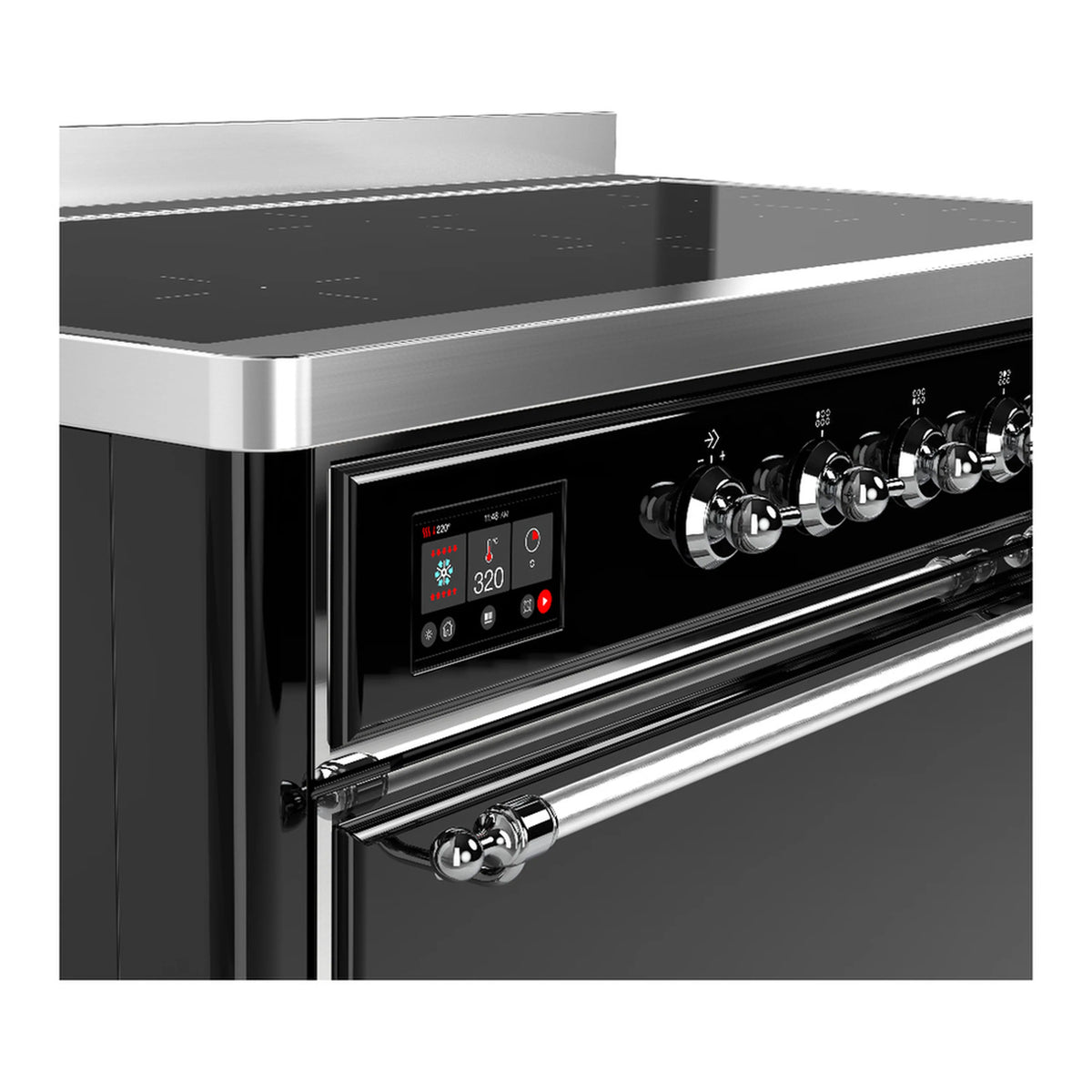 Close-up of glossy black induction range control panel with knobs and digital display