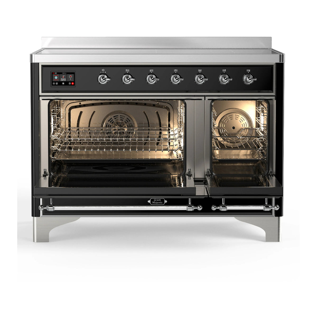 Glossy black induction range with both oven doors open, showing oven racks and fan
