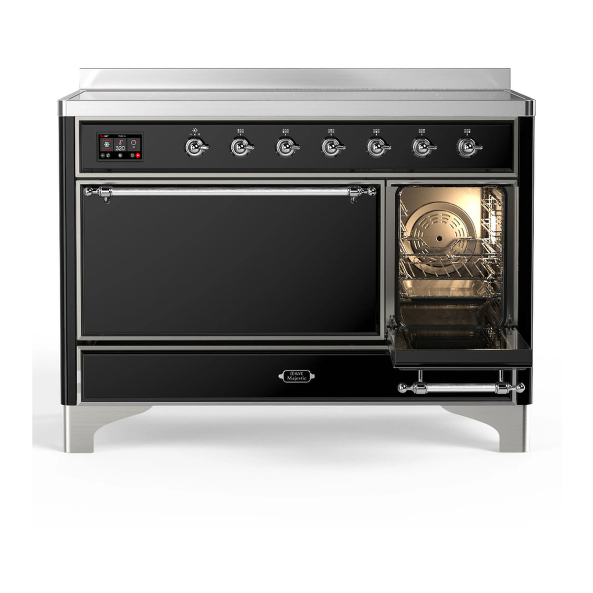 Glossy black induction range with right oven door open, showing lit interior and racks