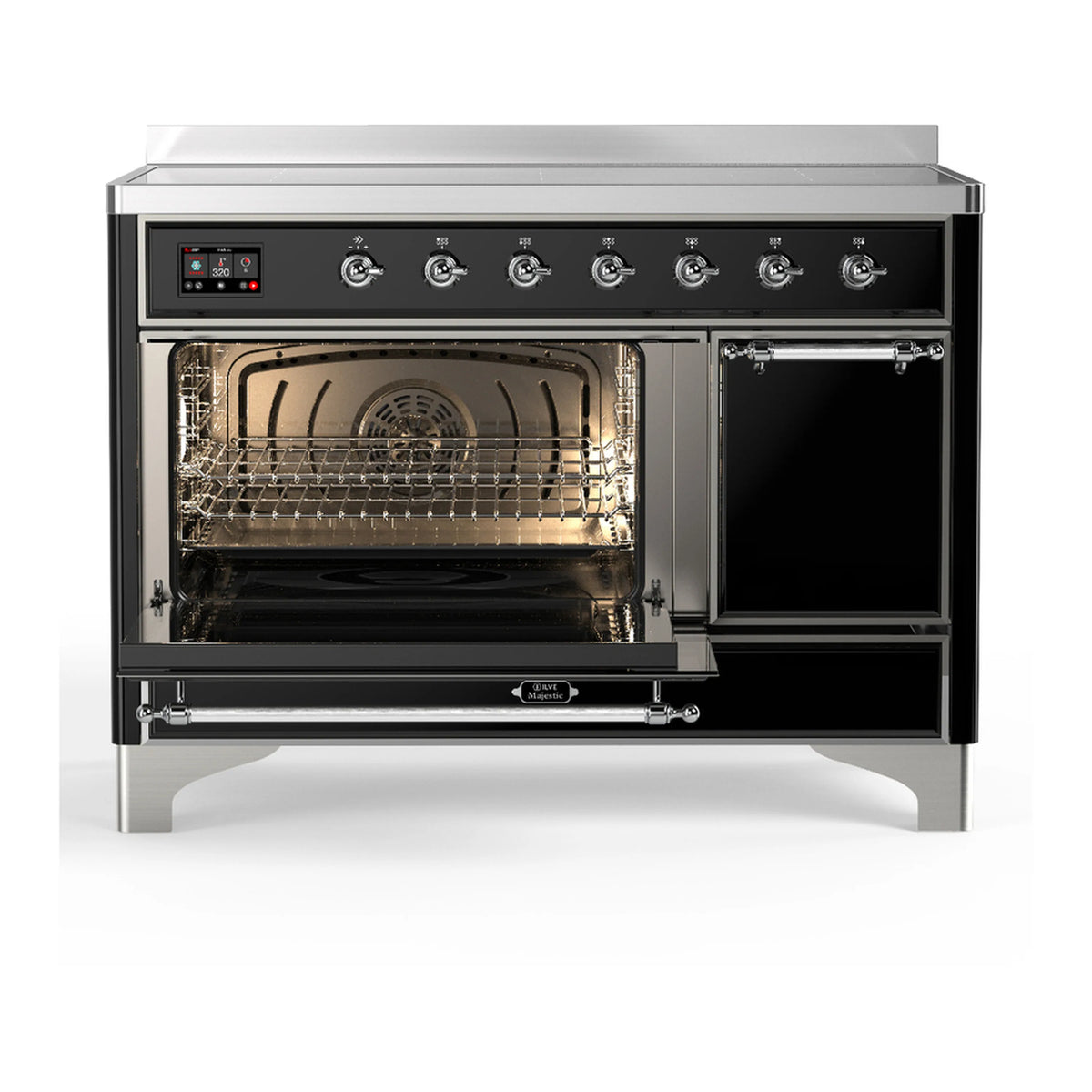 Glossy black induction range with oven doors open, visible racks and back fan area