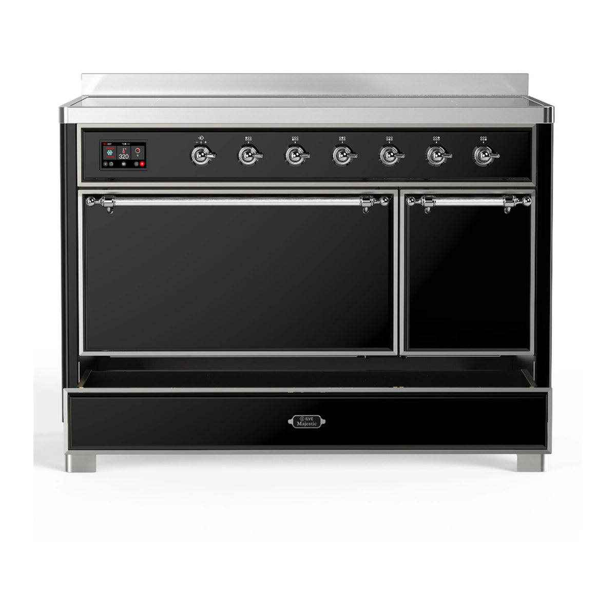Glossy black induction range with dual oven doors closed and chrome handle trim