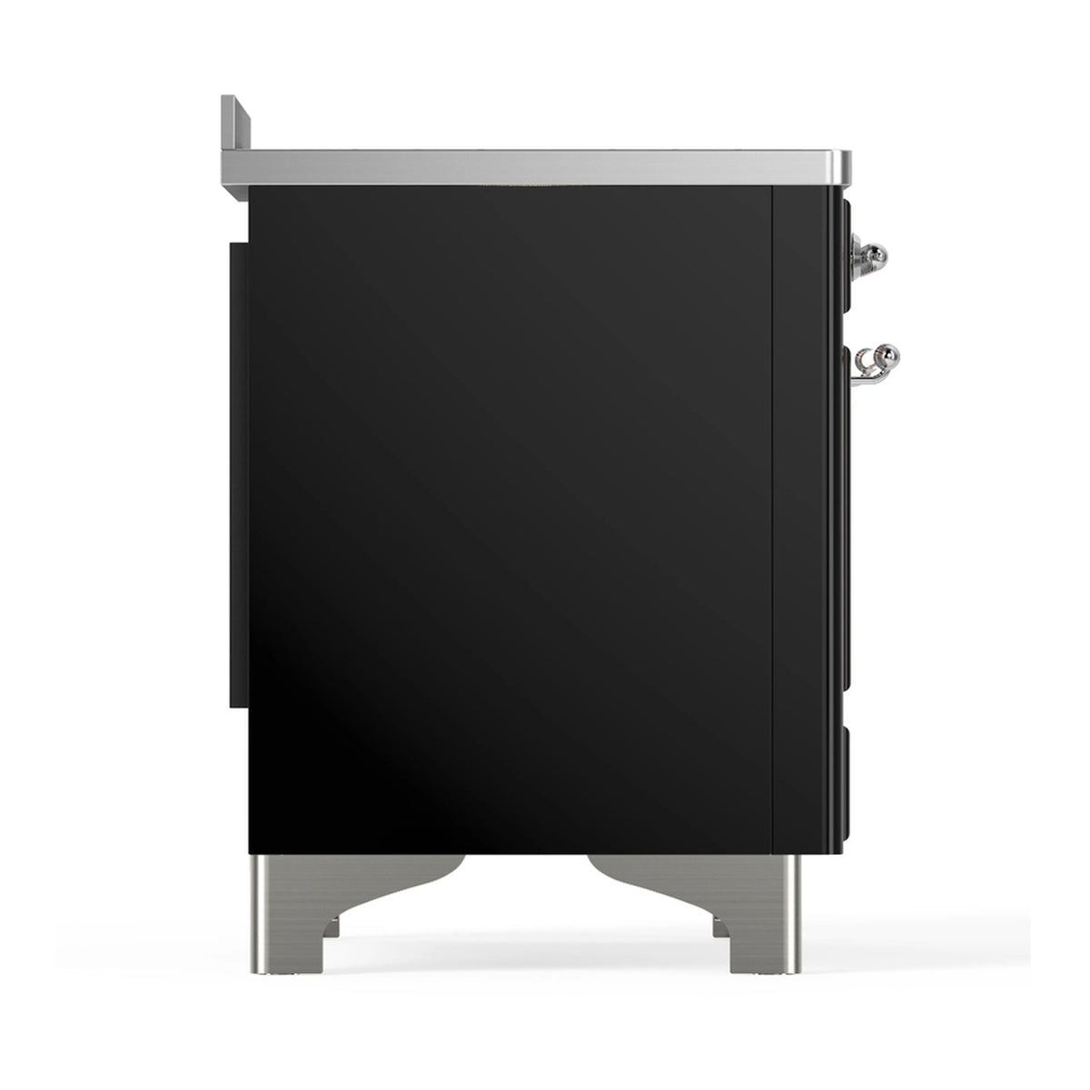 Glossy black induction range side panel with chrome legs and side handle hardware