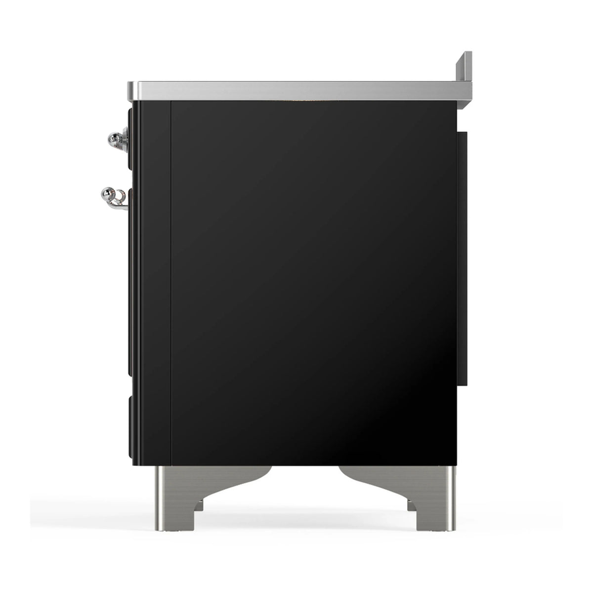 Glossy black induction range rear side panel with chrome trim and mounting hardware