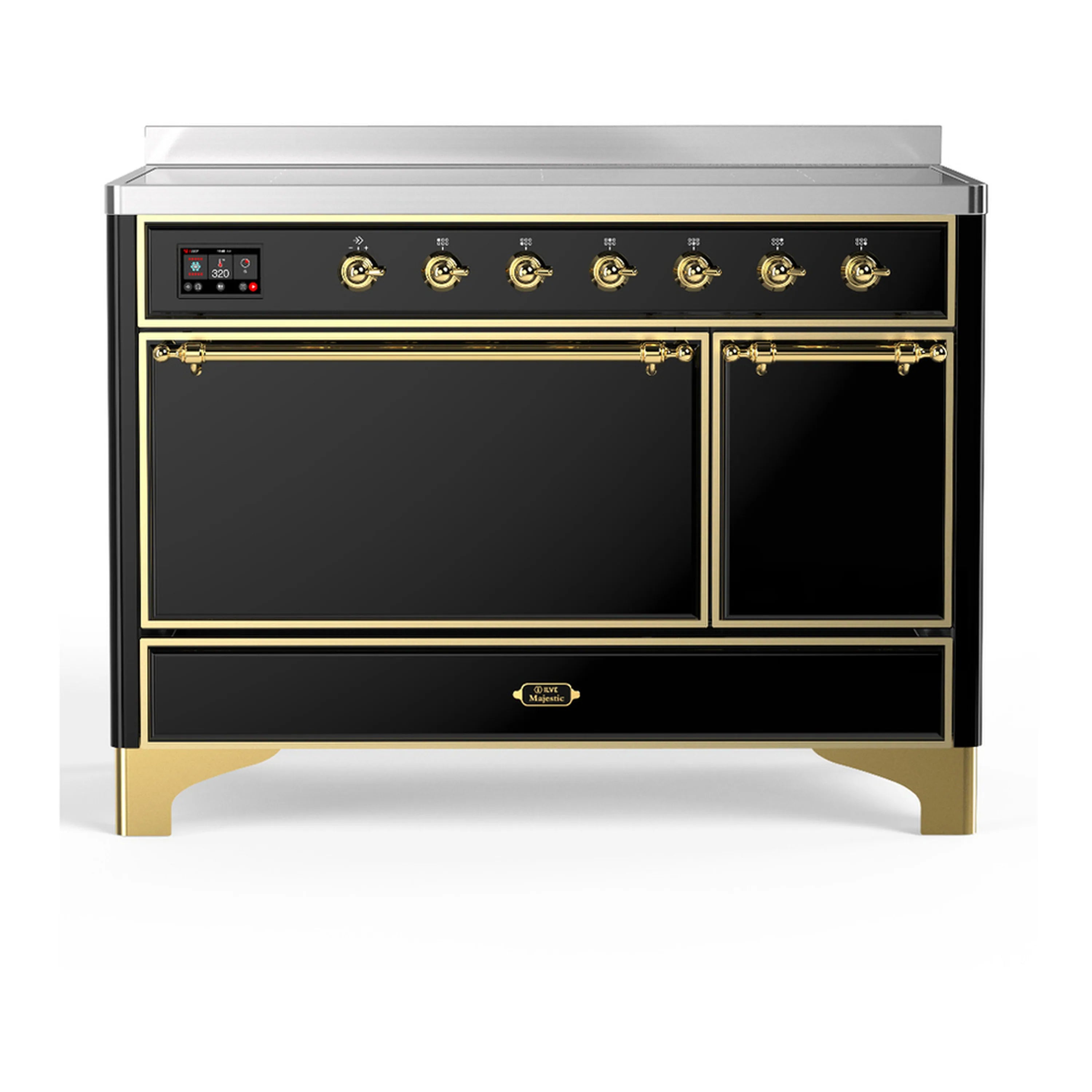 Glossy black ILVE induction range with brass trim, double doors, and top control panel
