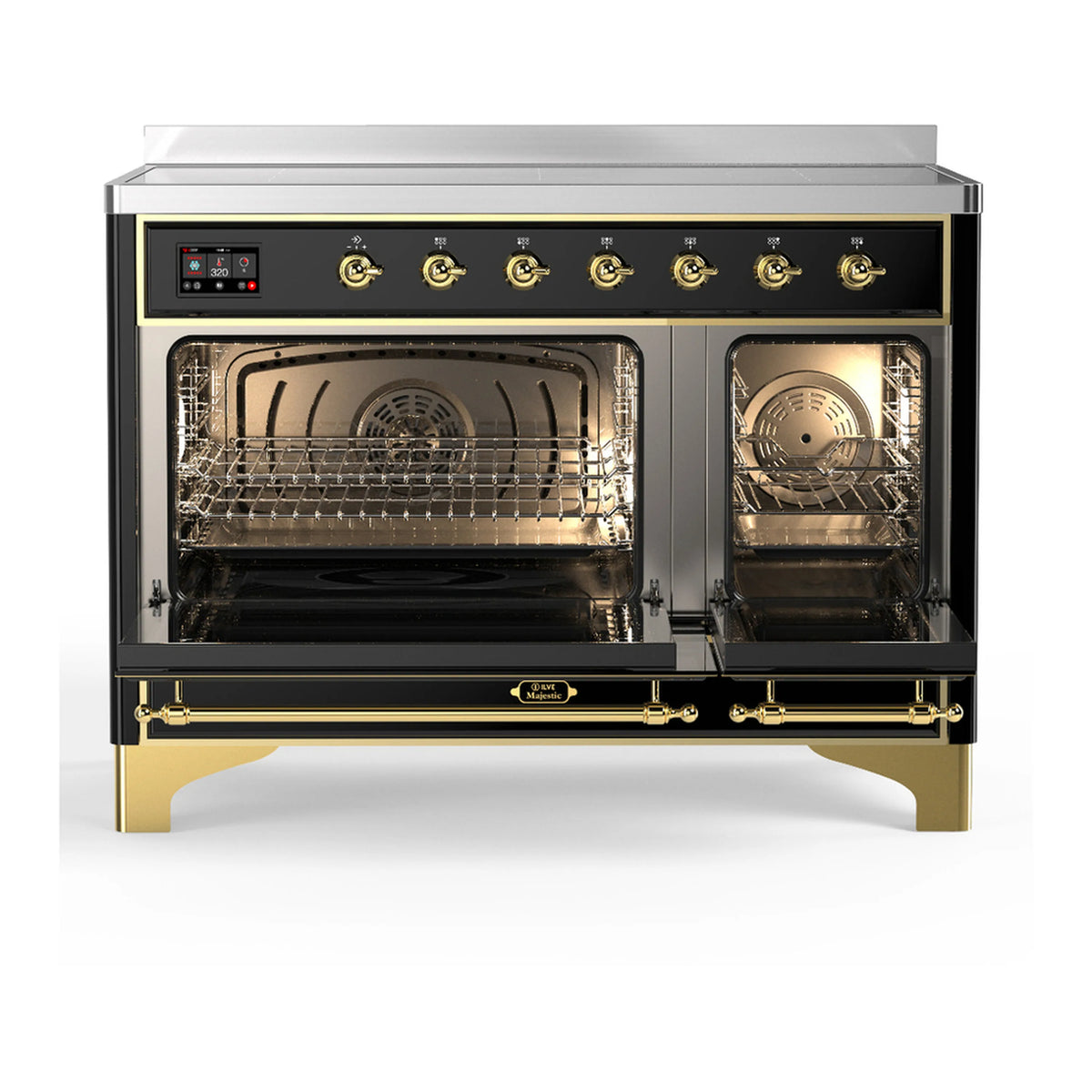 Glossy black induction range with double oven doors open, showing metal racks and interior