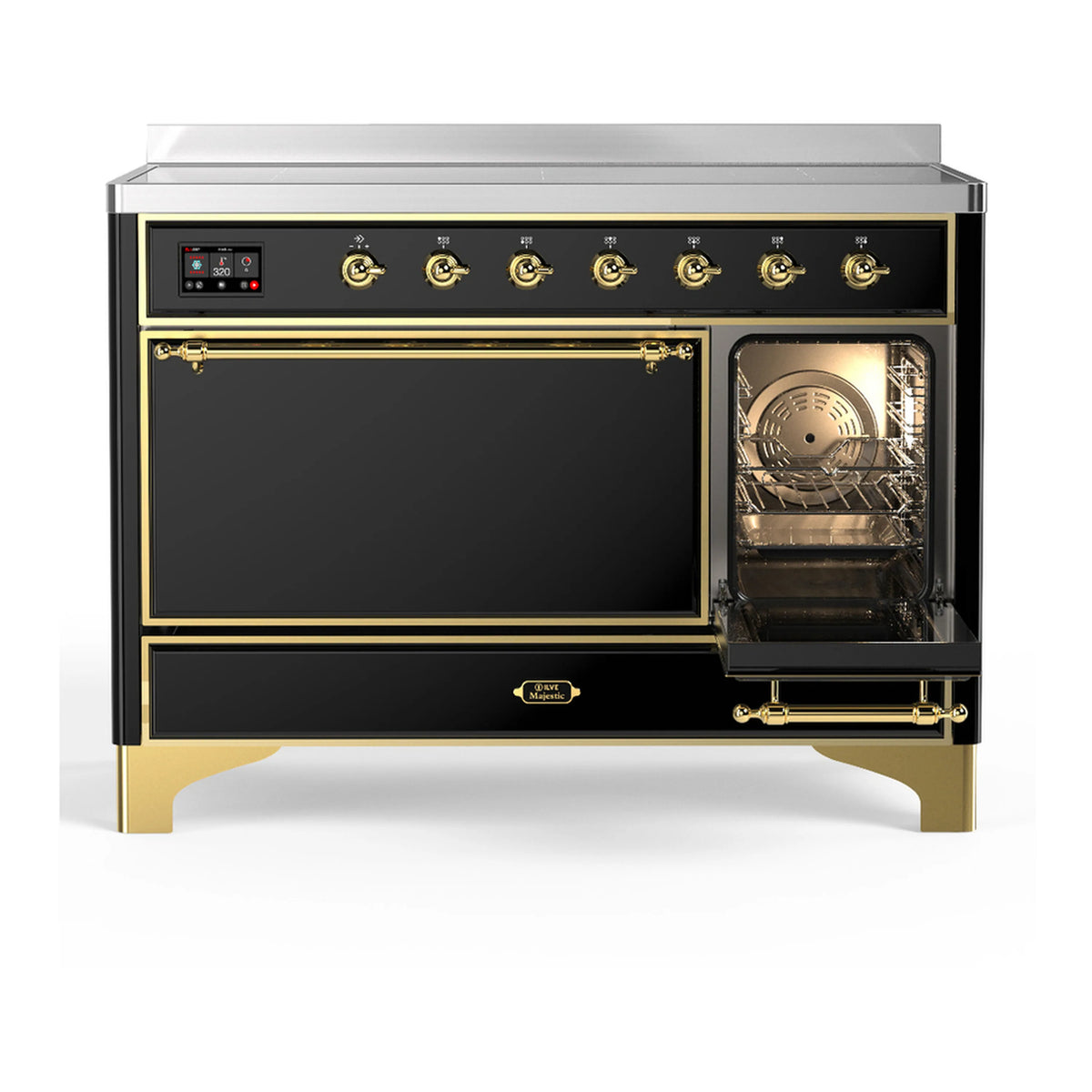 Glossy black induction range with right oven door open, interior lighted