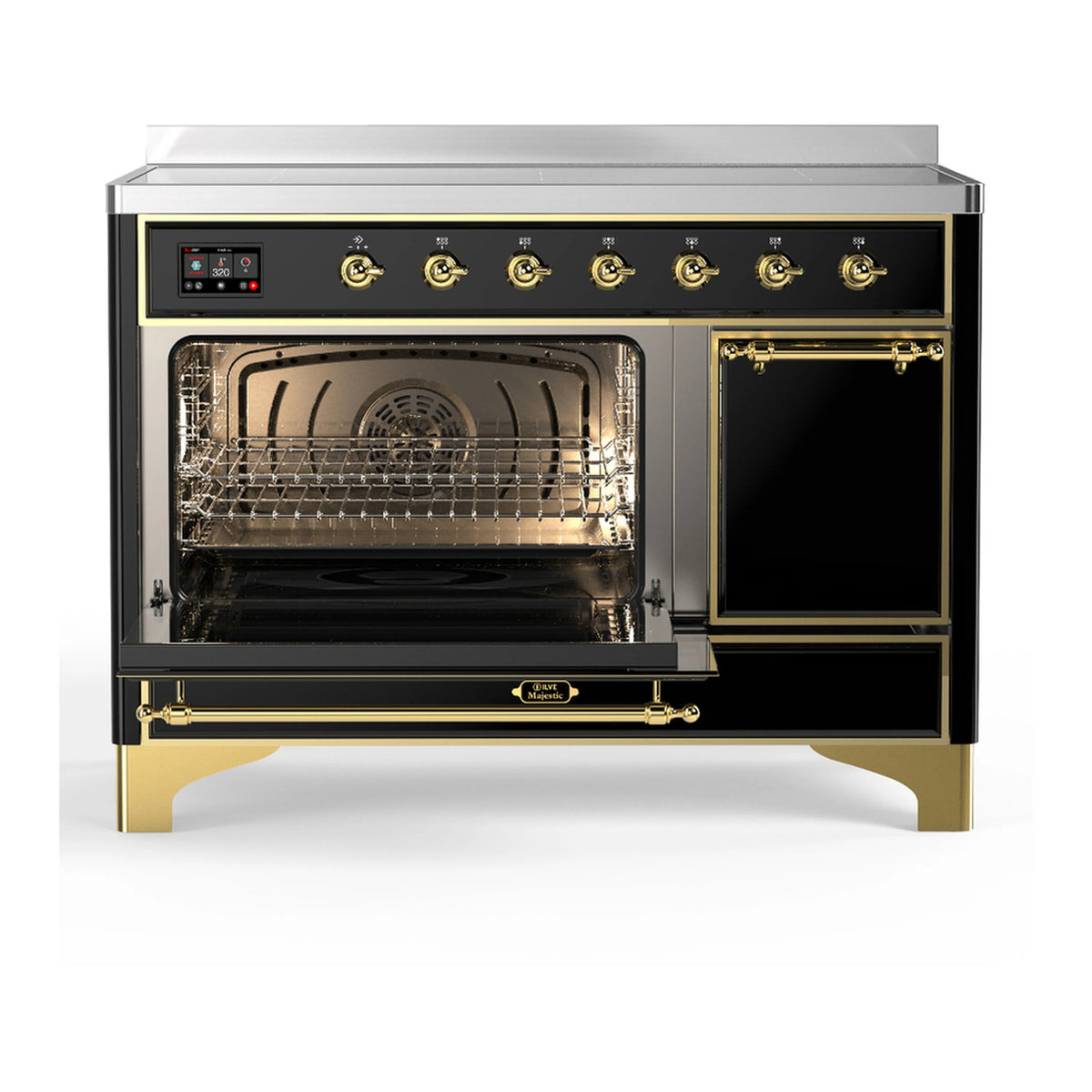 Glossy black induction range with left and right oven doors open, showing bake racks