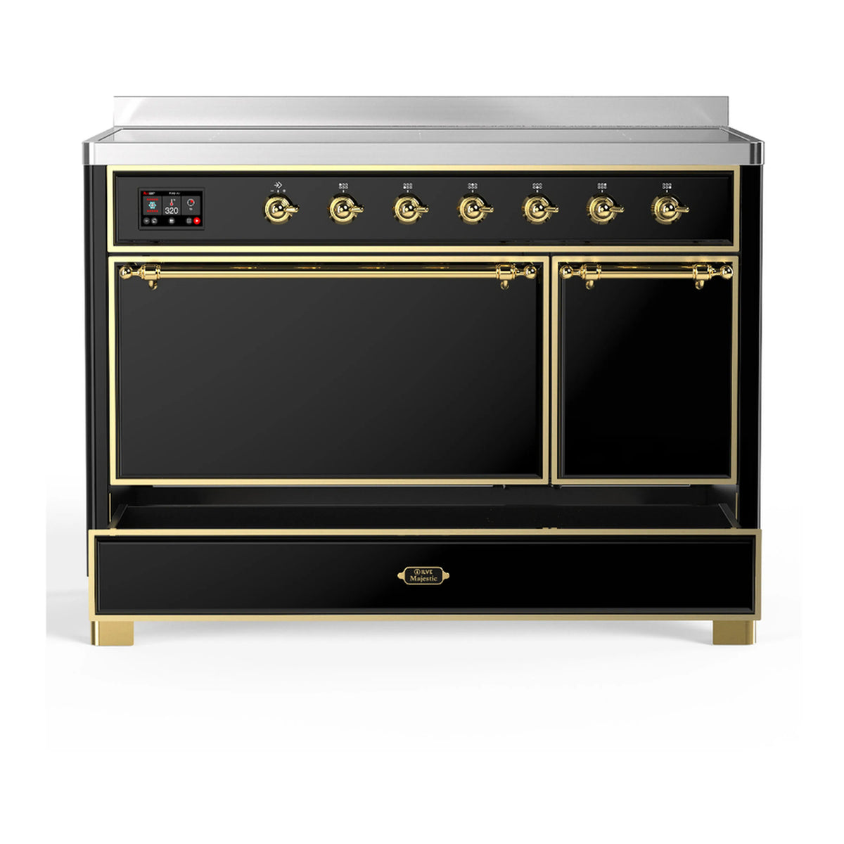 Glossy black induction range with brass-trimmed door and control panel across the top