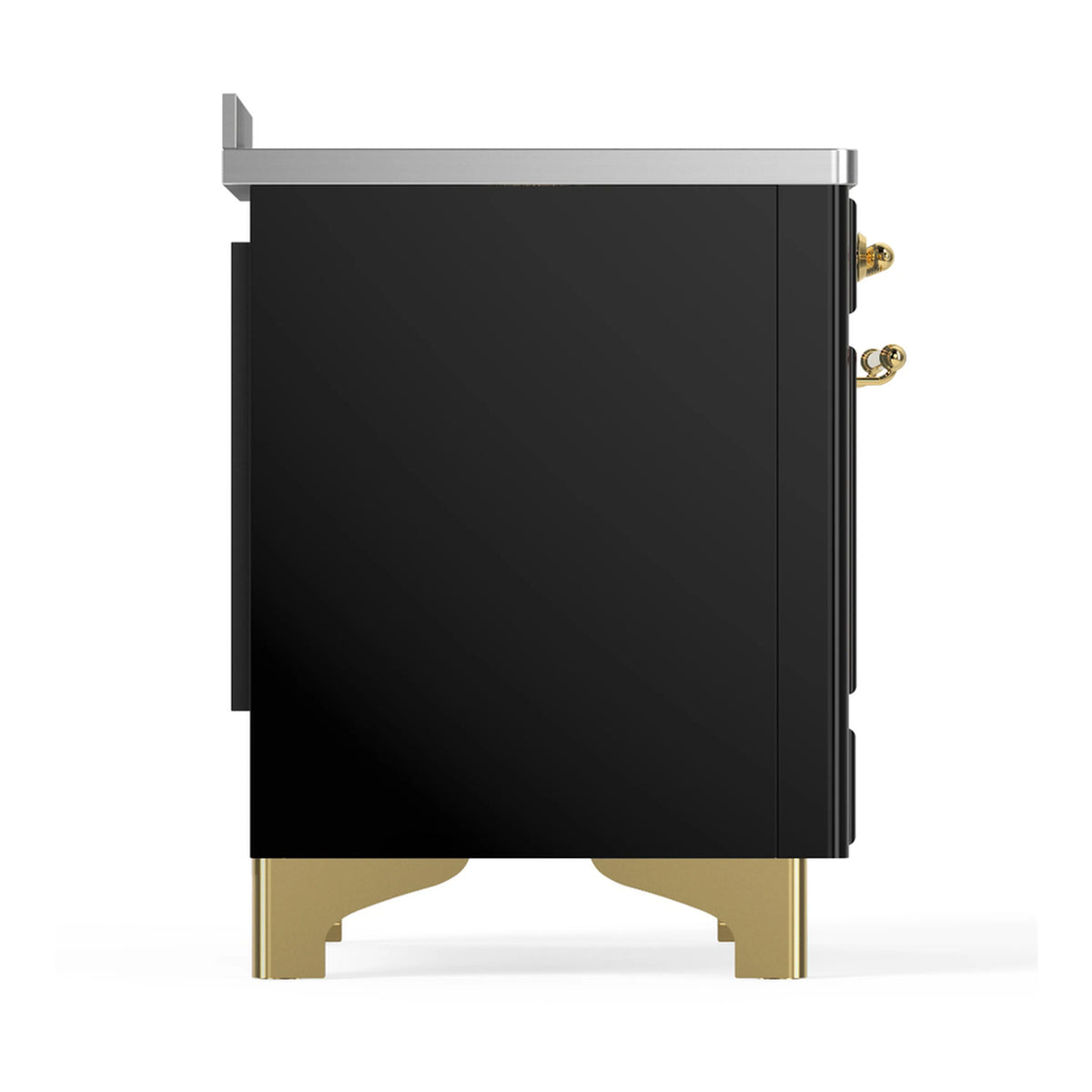 Glossy black induction range side panel with brass corner feet and hardware