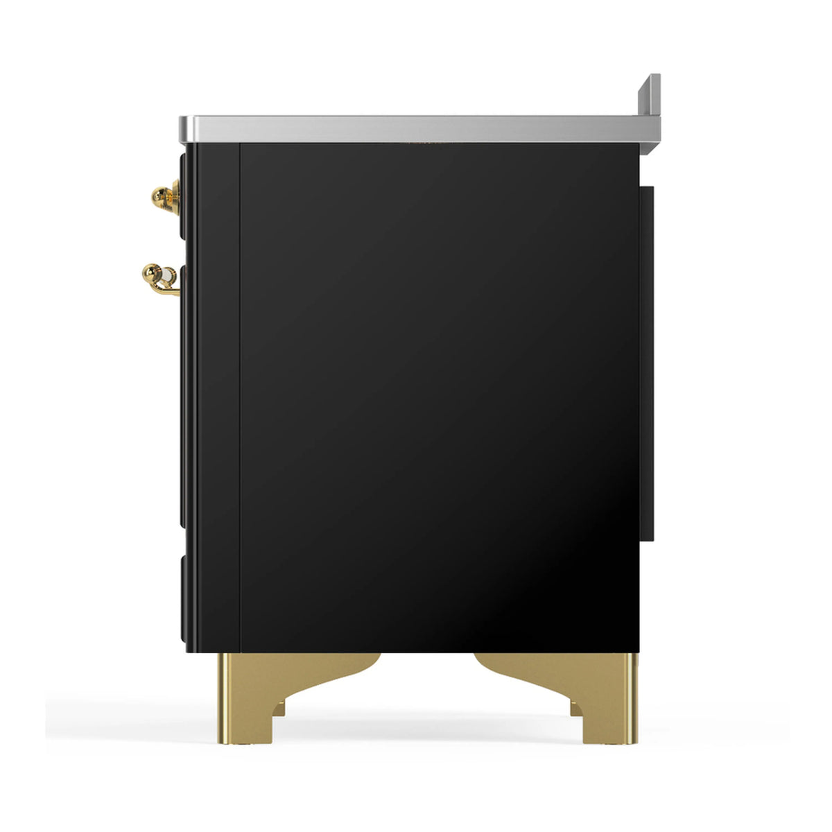 Glossy black induction range side panel with brass corner details and base feet