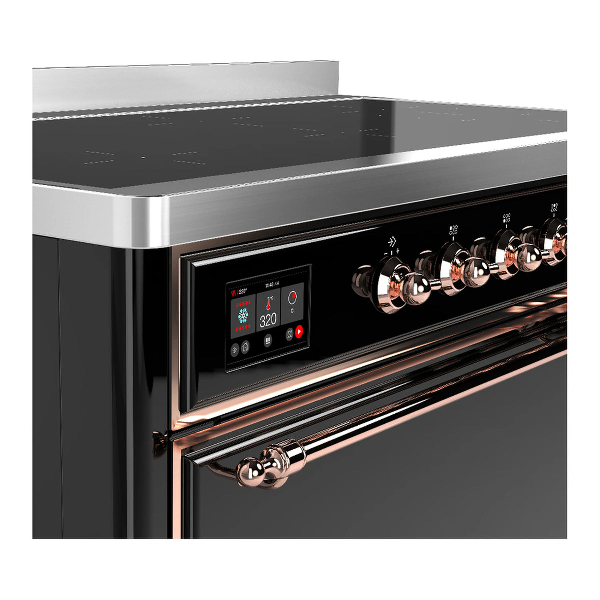 Induction range control panel with lit display, copper knobs, and black glass cooktop