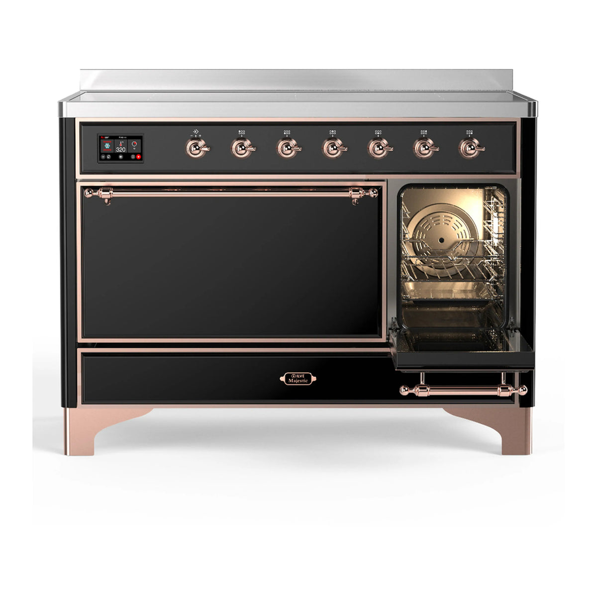 Induction range with oven door open and illuminated interior, copper trim and handles