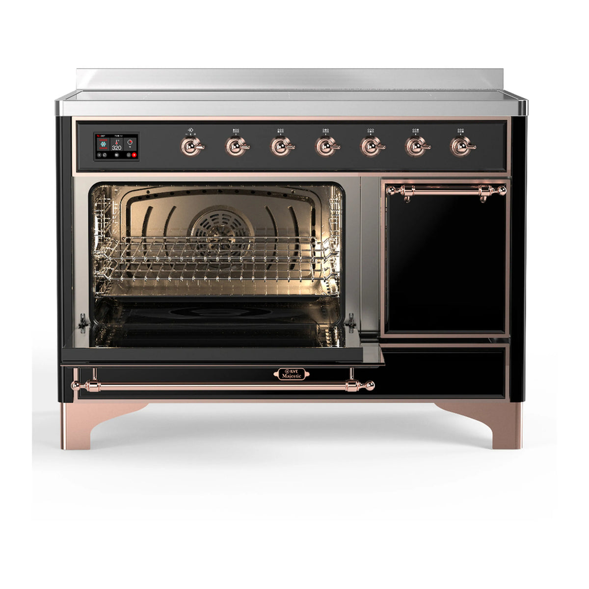 Induction range with oven door open, visible racks and fan inside the black oven