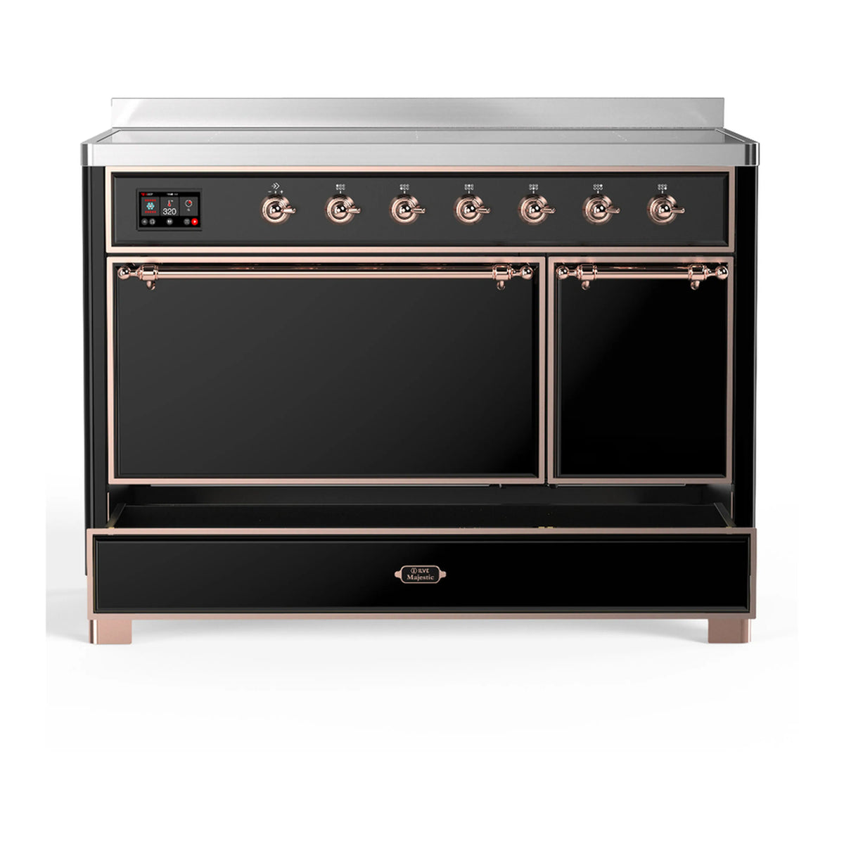 Induction range front view with double doors and cooktop controls in glossy black