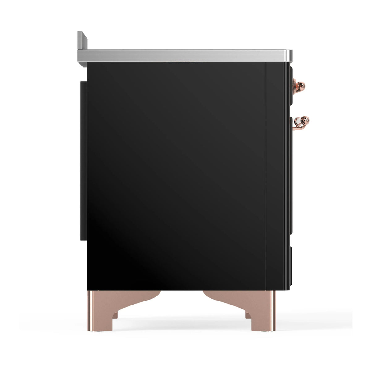 Induction range side panel in glossy black with copper handle and leveling feet