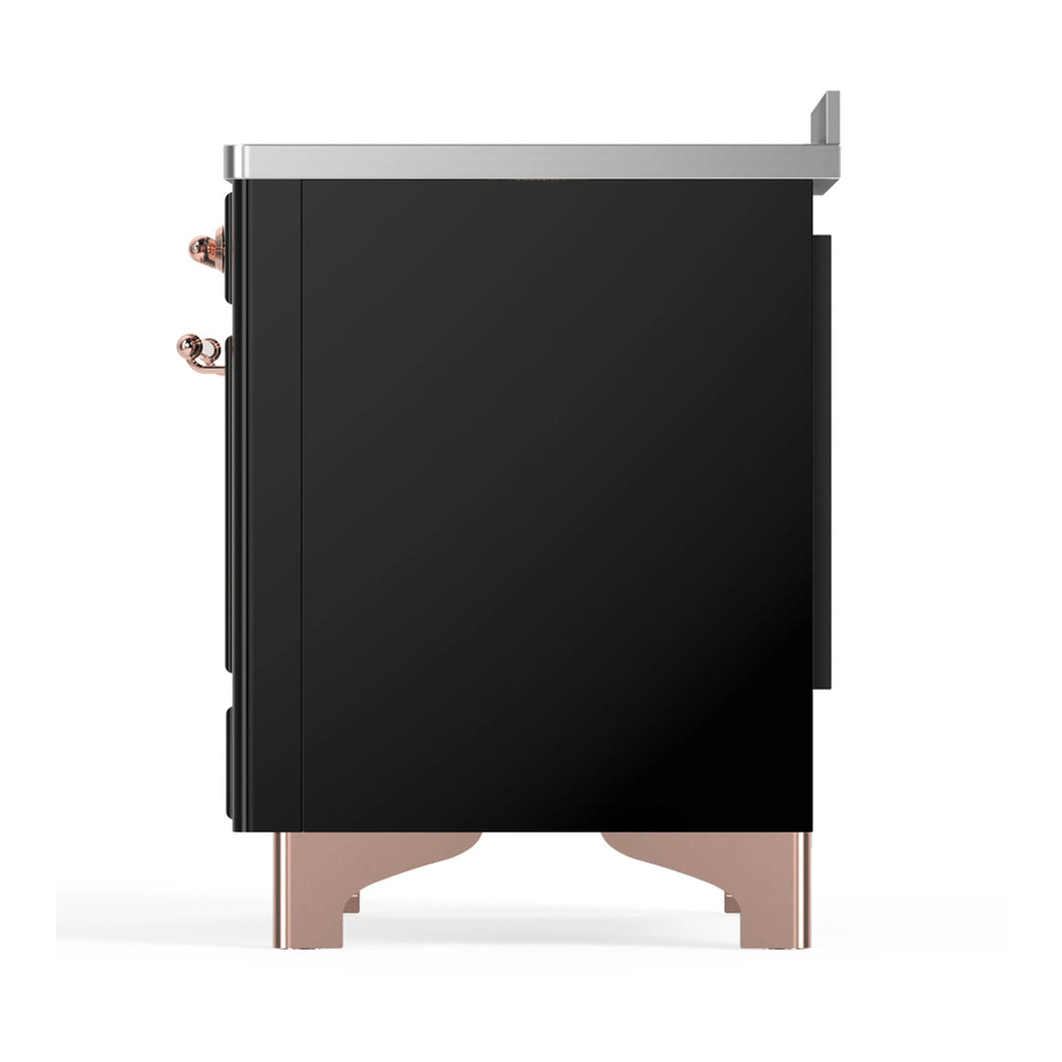 Induction range opposite side panel in glossy black with copper handle and feet