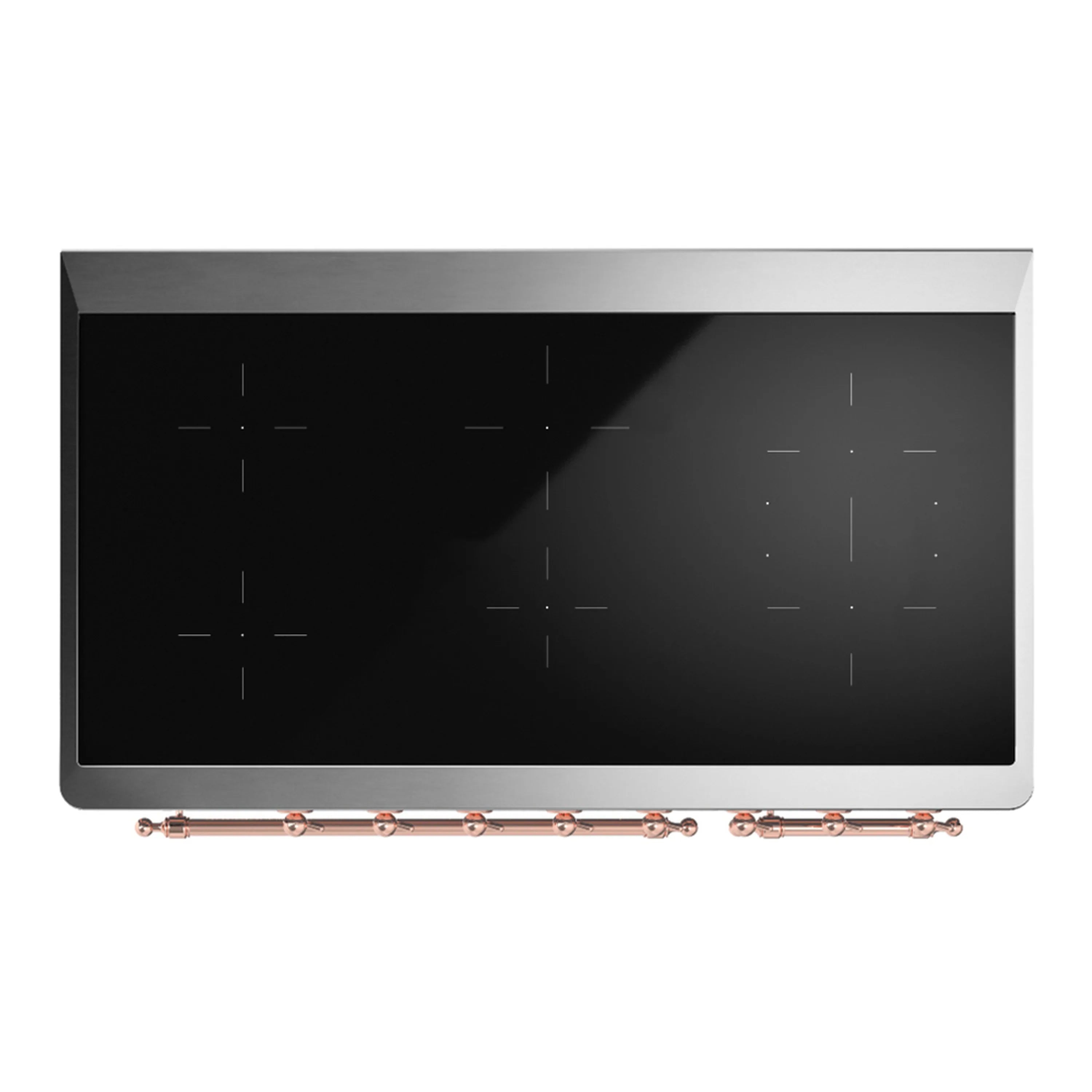 Induction cooktop glass with black surface and copper-trimmed frame