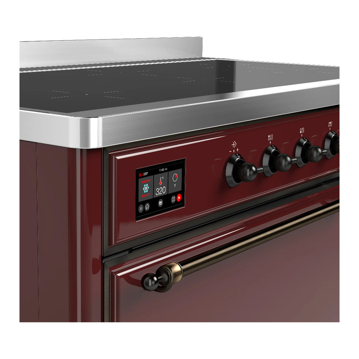 Burgundy induction range control panel with digital display and rotary knobs