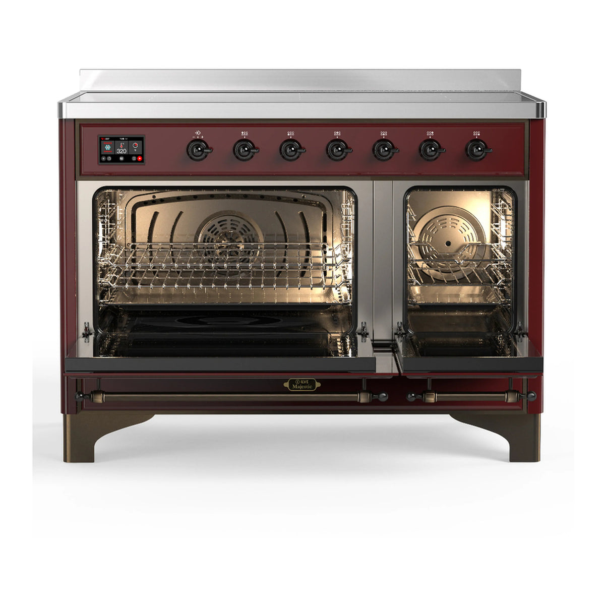 Burgundy induction range with oven open, racks and interior lighting visible