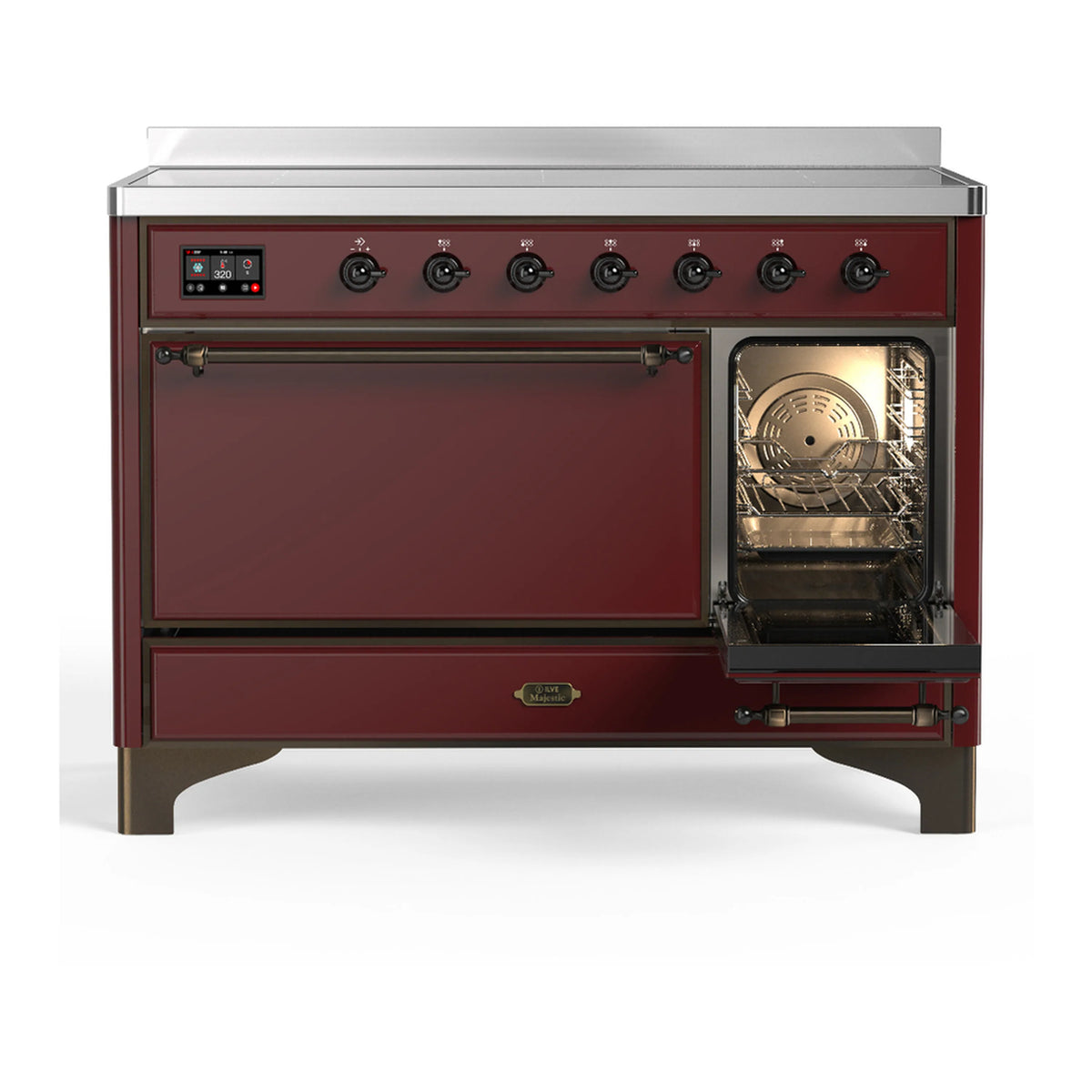 Burgundy induction range with oven door closed and interior window glow