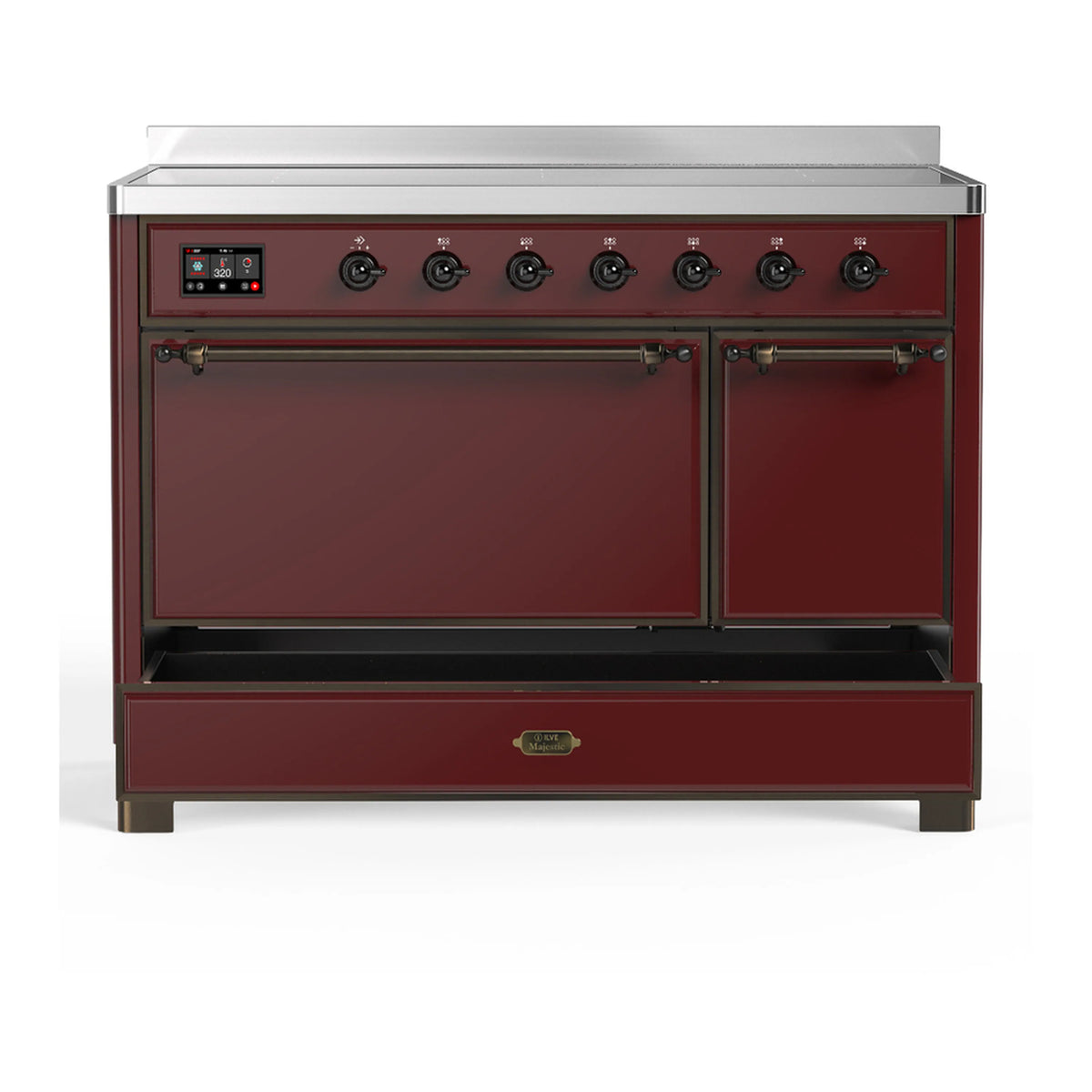 Burgundy induction range with both front doors closed and stainless trim
