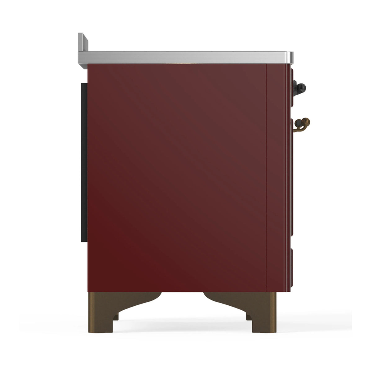Burgundy induction range side view with solid back panel and bronze feet