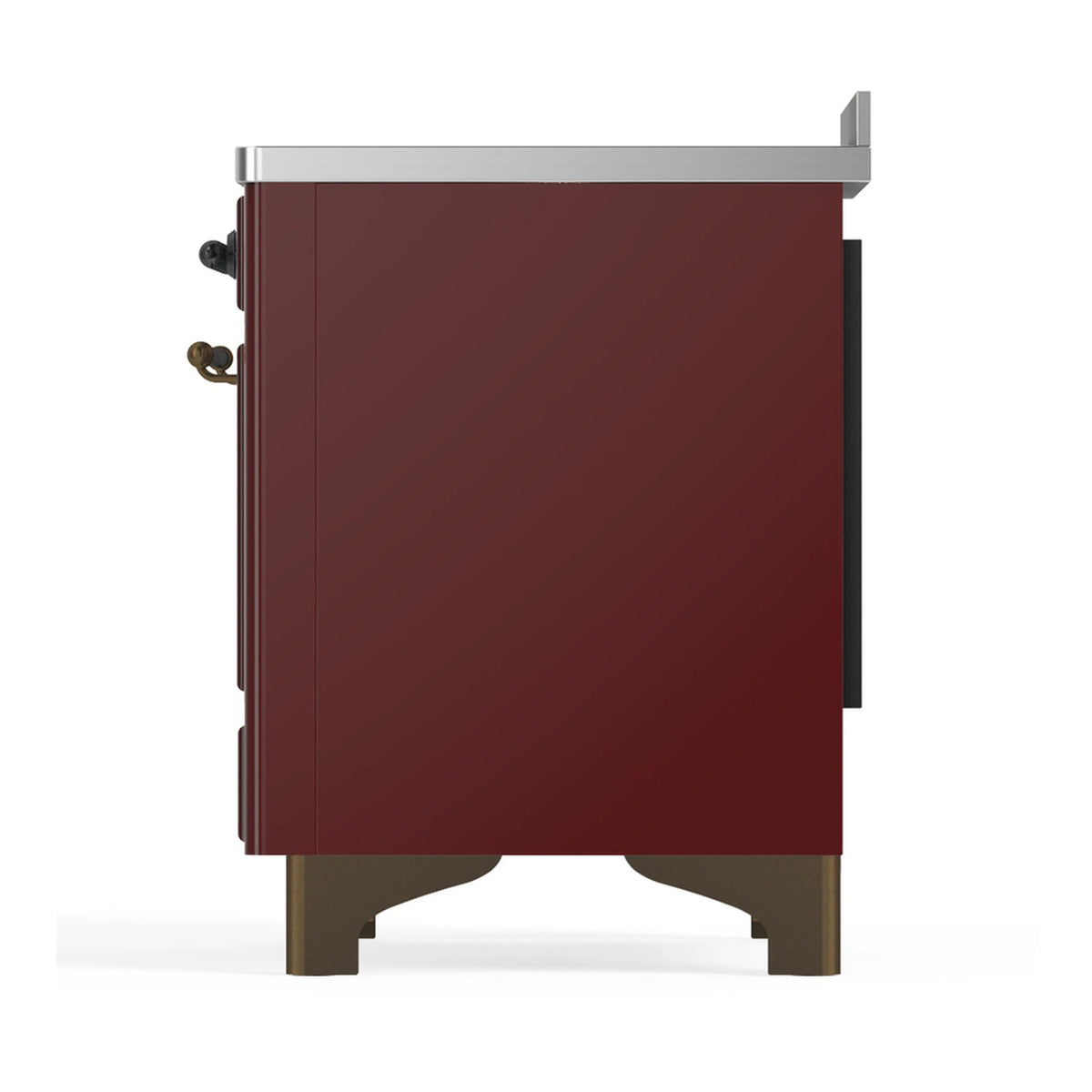 Burgundy induction range rear side view with solid panels and metal trim