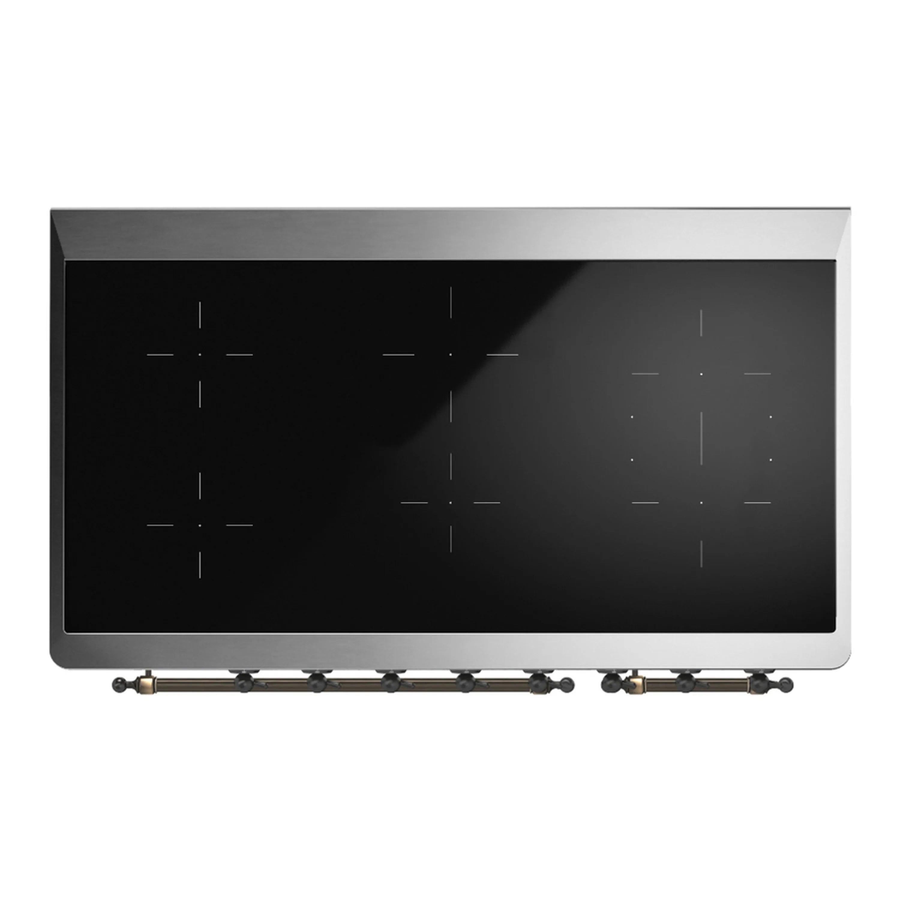 Black glass cooktop with burner outlines and brass-toned control knobs