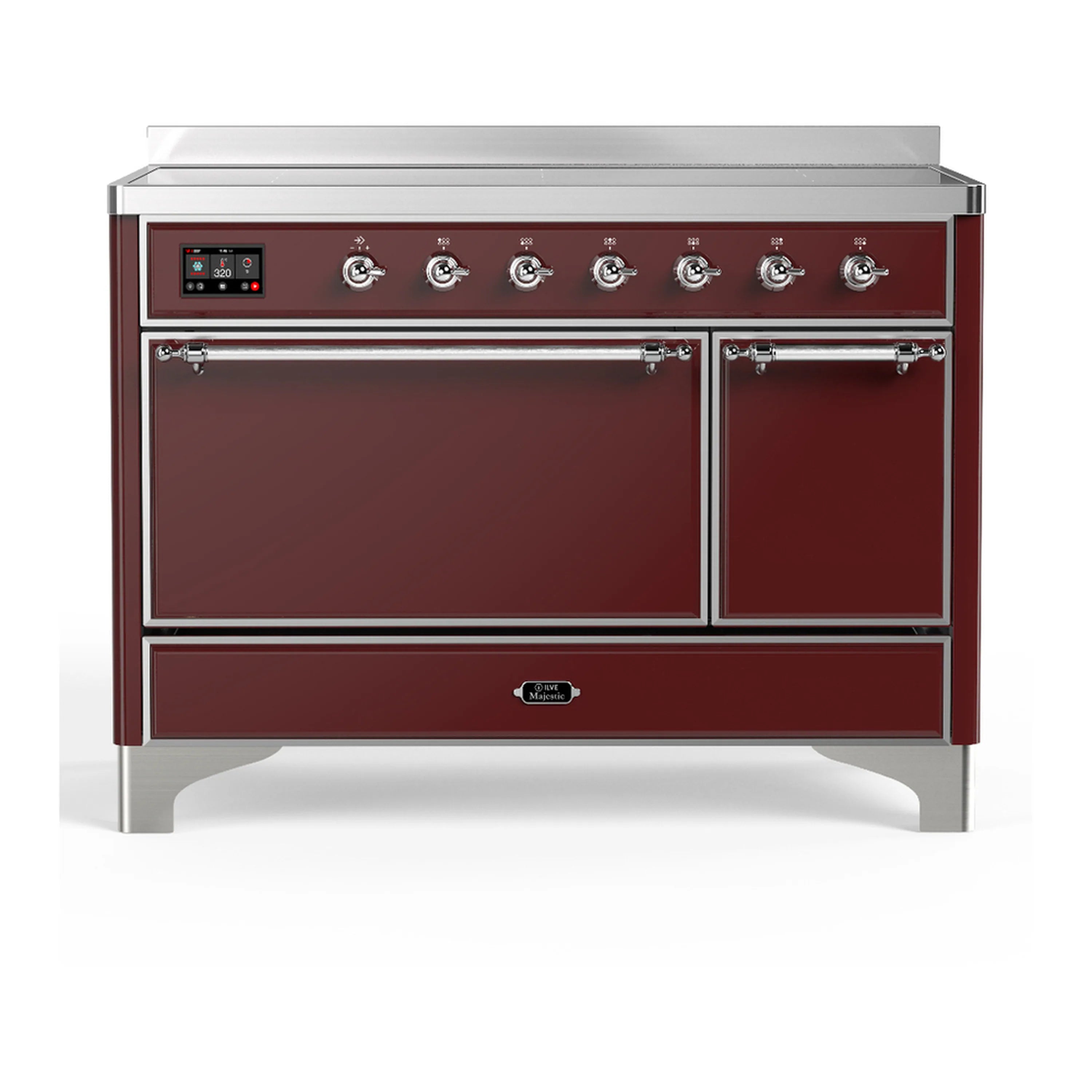Burgundy induction range with solid door electric oven, chrome trim, control knobs