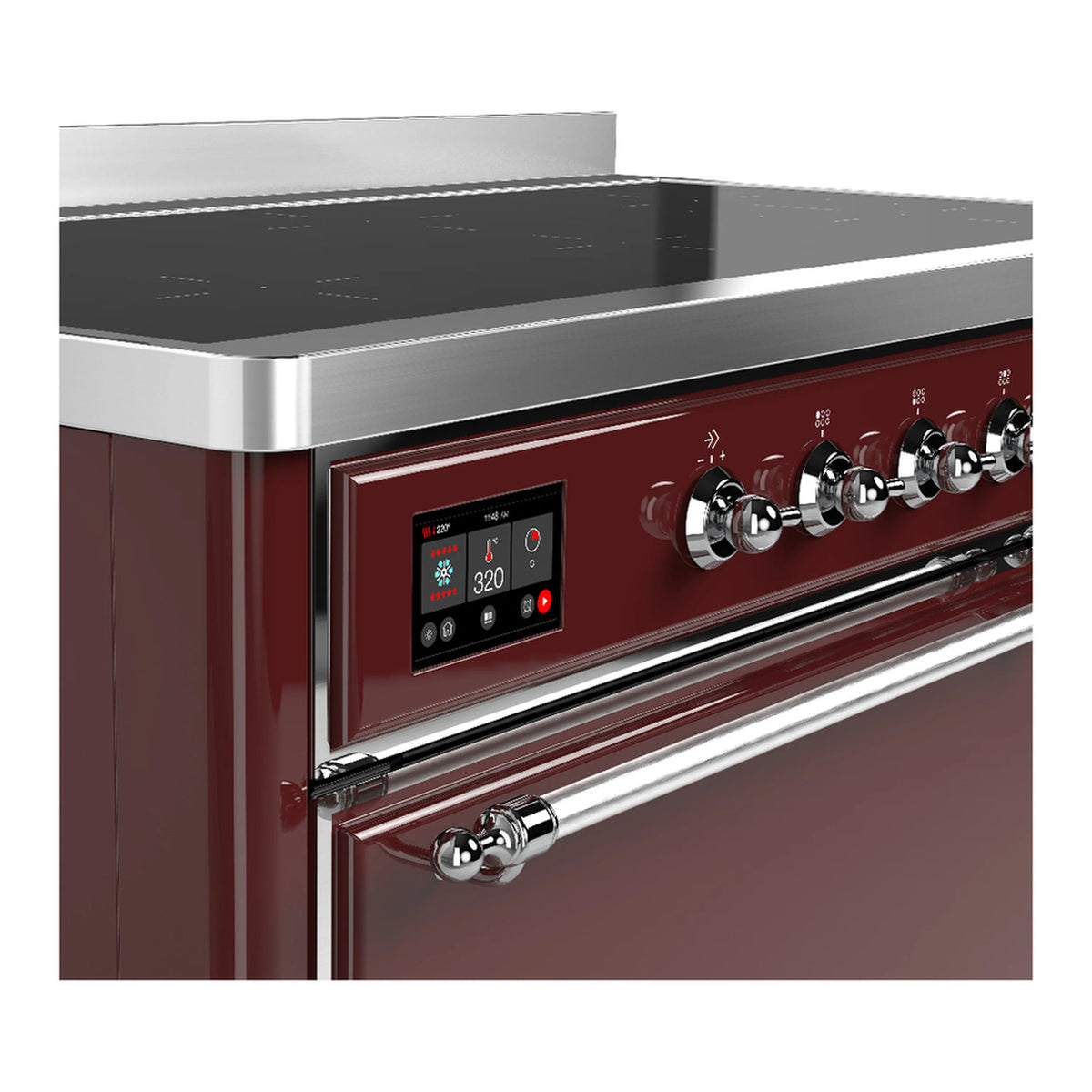 Burgundy induction range control panel with digital display and chrome control knobs