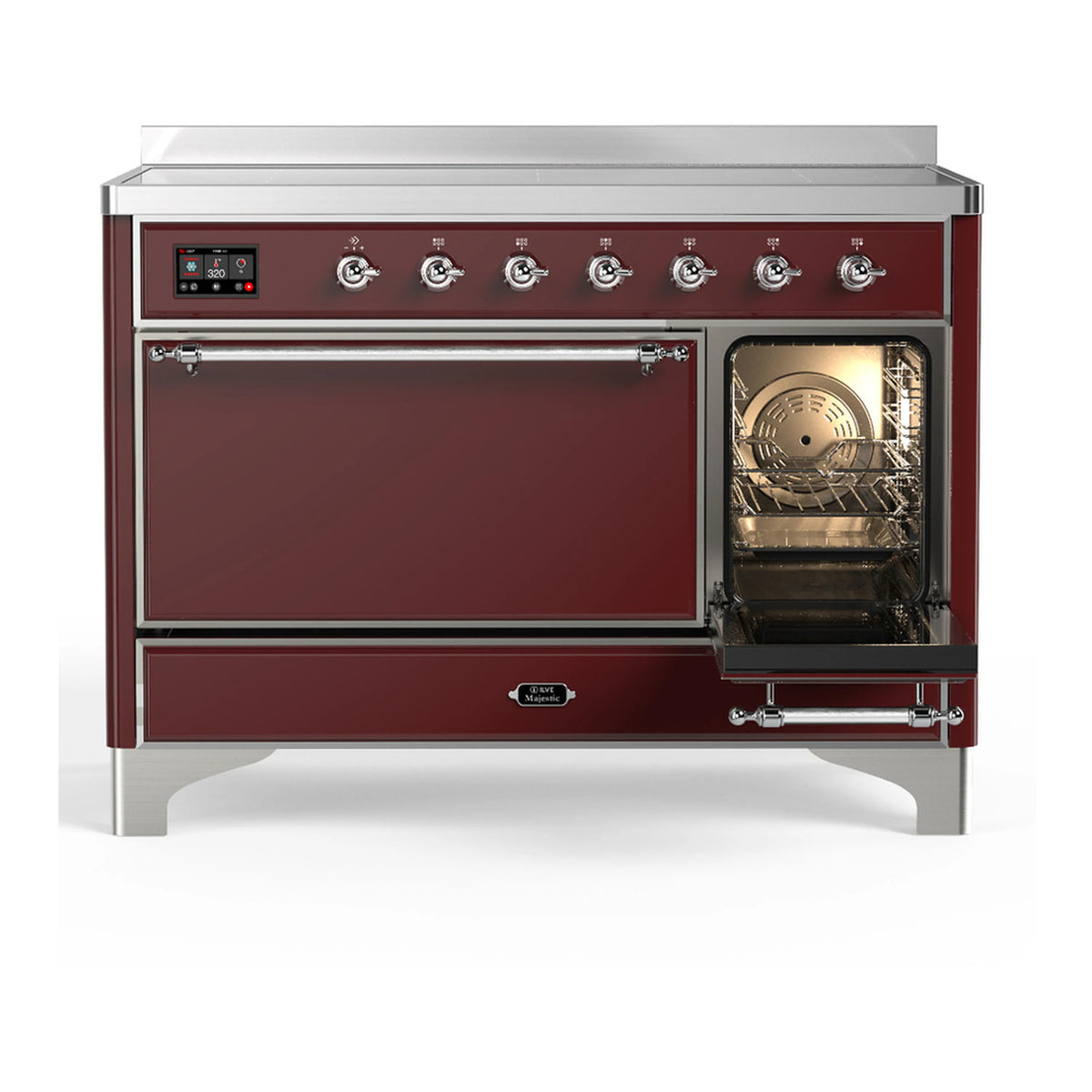 Burgundy electric oven with side door open and lit interior fan and racks