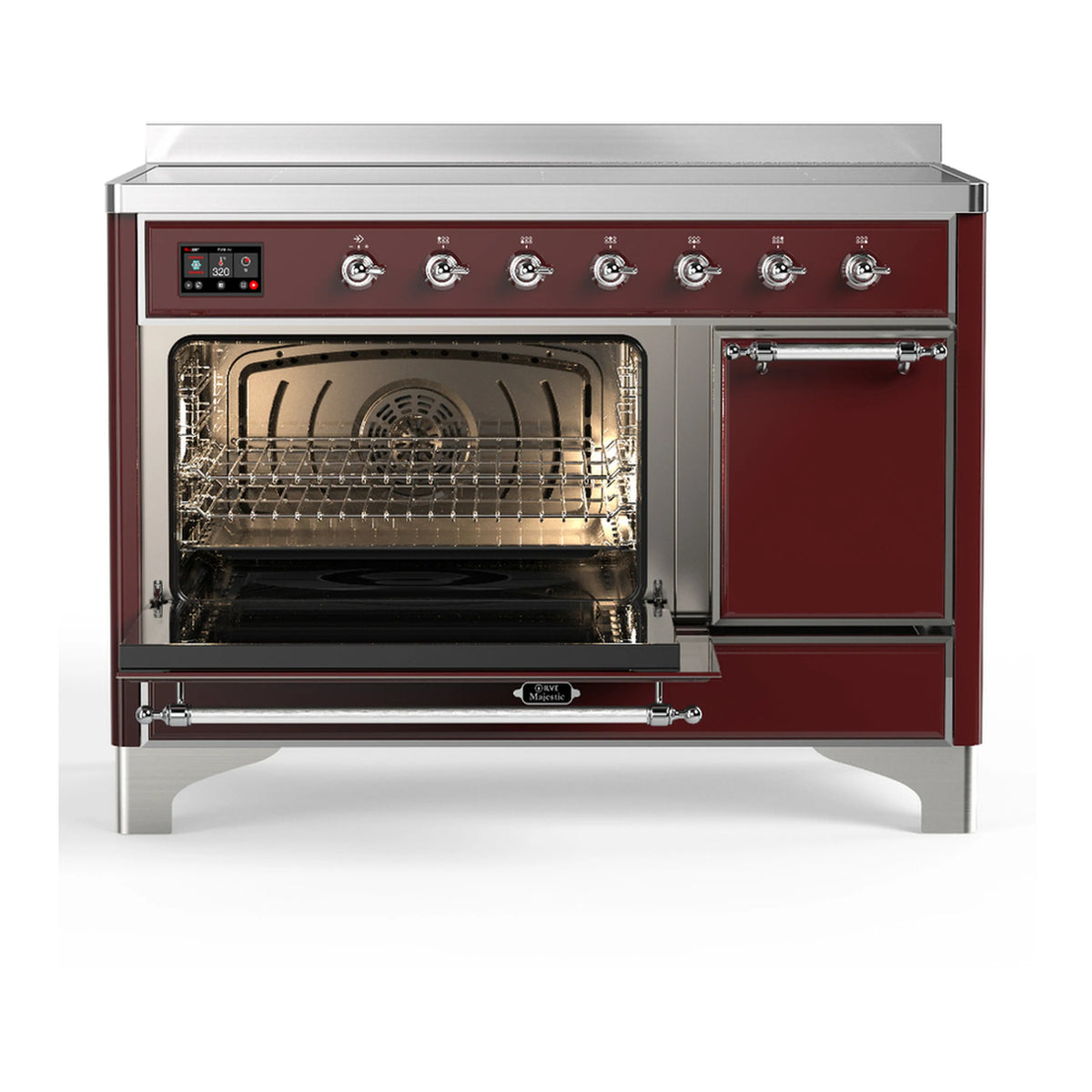 Burgundy electric oven with open door, visible racks and glass window